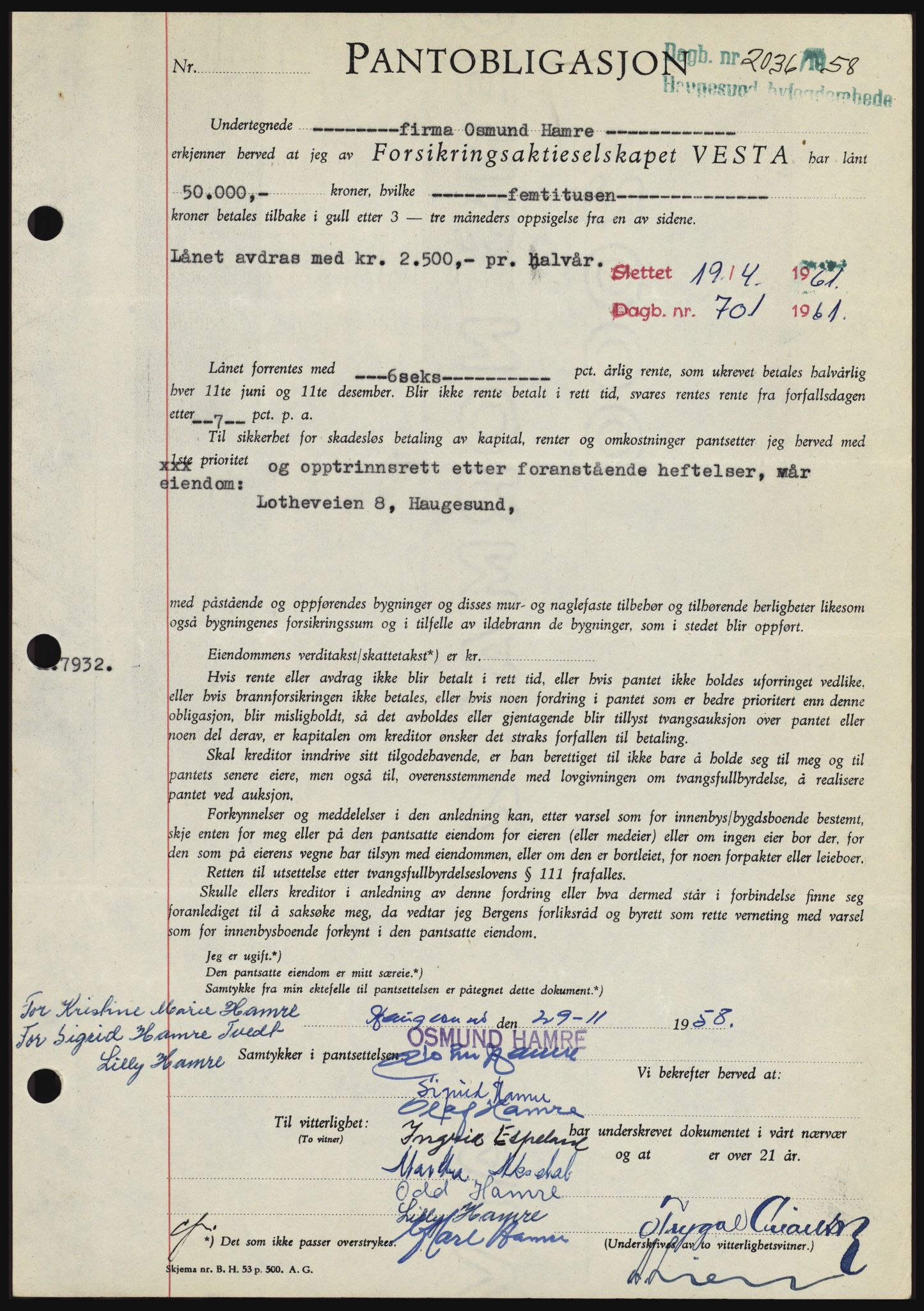 Haugesund tingrett, SAST/A-101415/01/II/IIC/L0044: Mortgage book no. B 44, 1958-1959, Diary no: : 2036/1958
