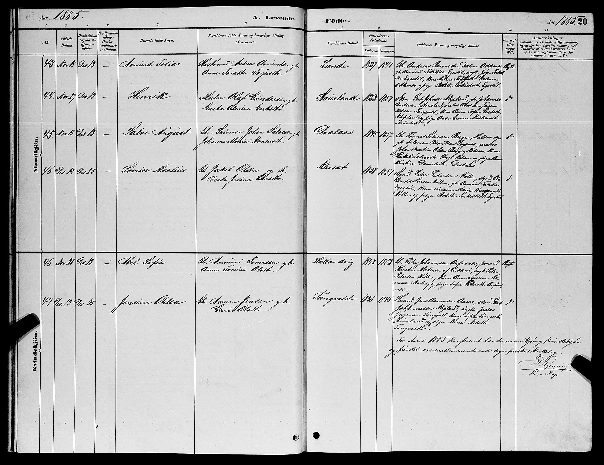 Søgne sokneprestkontor, SAK/1111-0037/F/Fb/Fbb/L0005: Parish register (copy) no. B 5, 1884-1891, p. 20