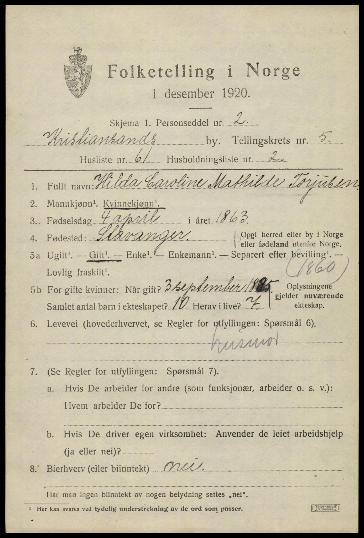 SAK, 1920 census for Kristiansand, 1920, p. 18195