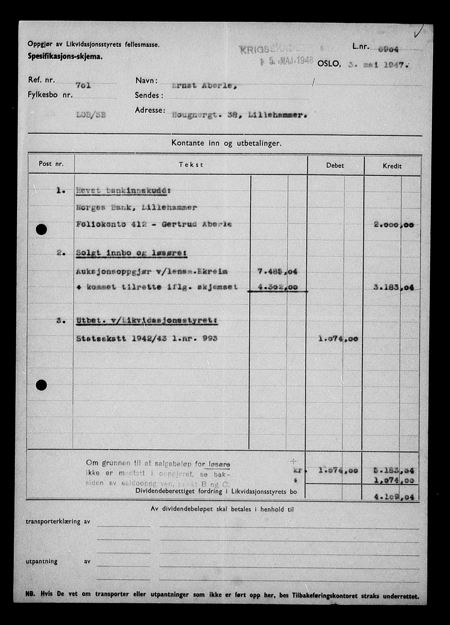 Justisdepartementet, Tilbakeføringskontoret for inndratte formuer, AV/RA-S-1564/H/Hc/Hcd/L0989: --, 1945-1947, p. 4