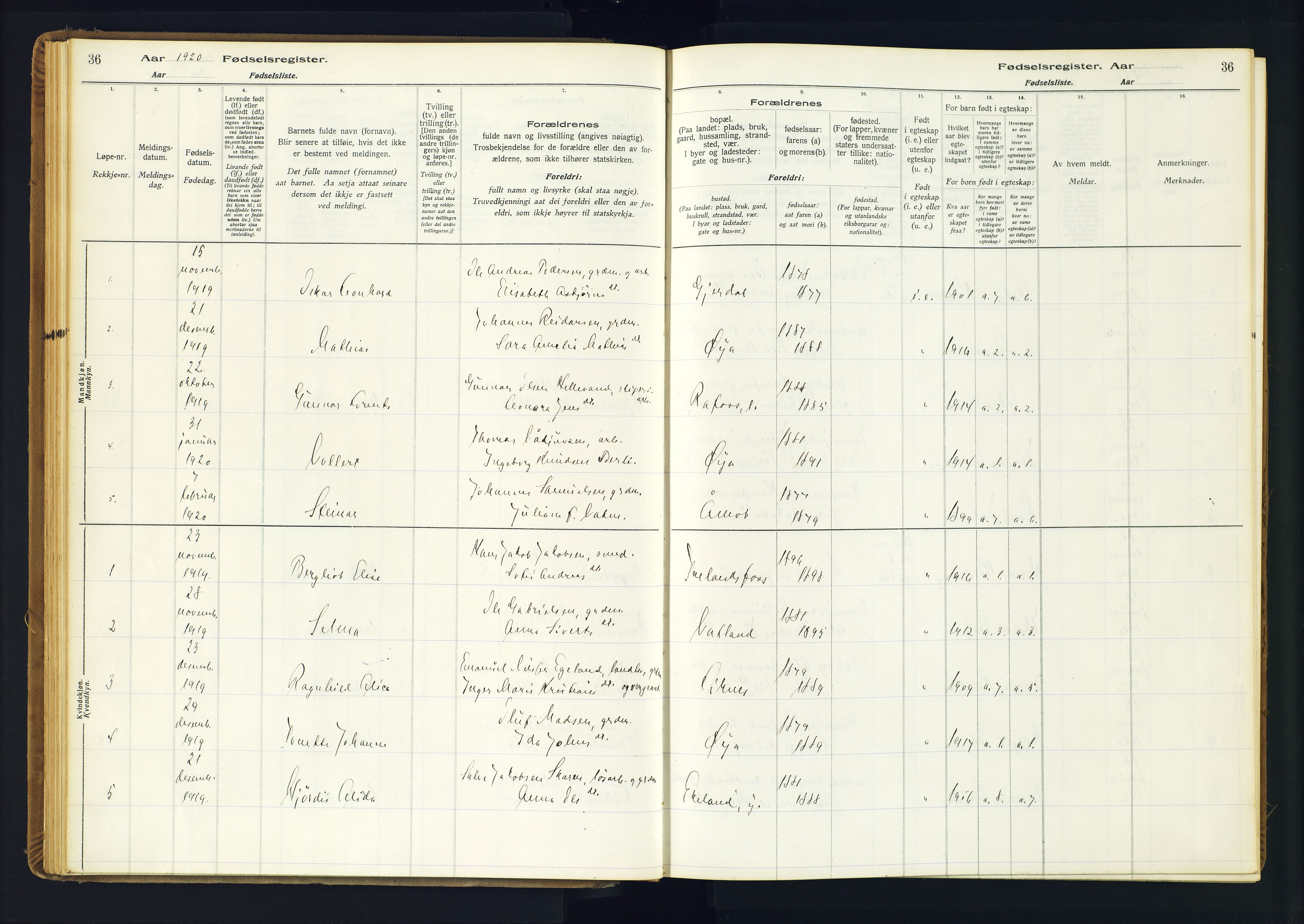 Kvinesdal sokneprestkontor, AV/SAK-1111-0026/J/Ja/L0001: Birth register no. 1, 1916-1941, p. 36