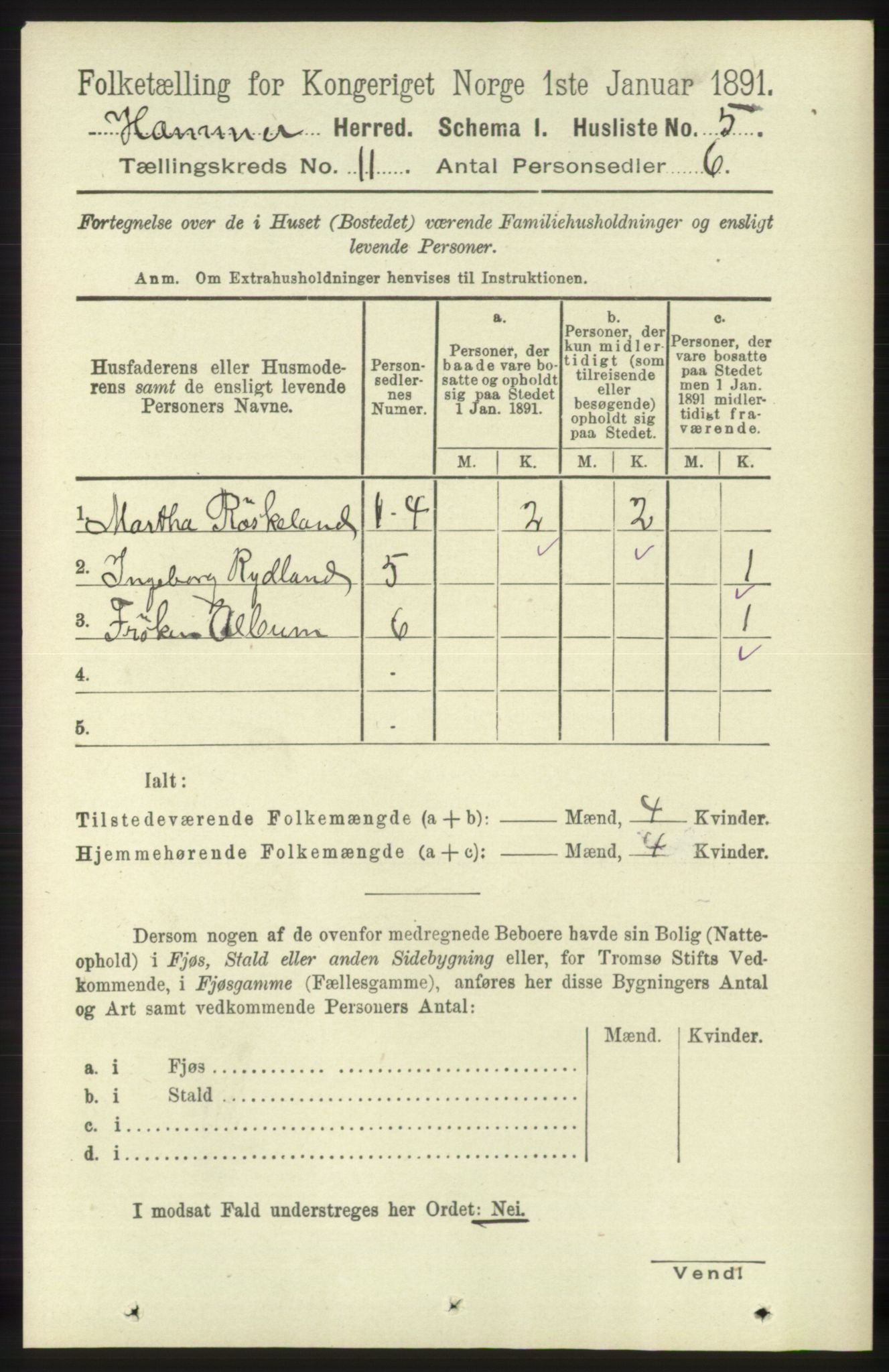 RA, 1891 census for 1254 Hamre, 1891, p. 3124