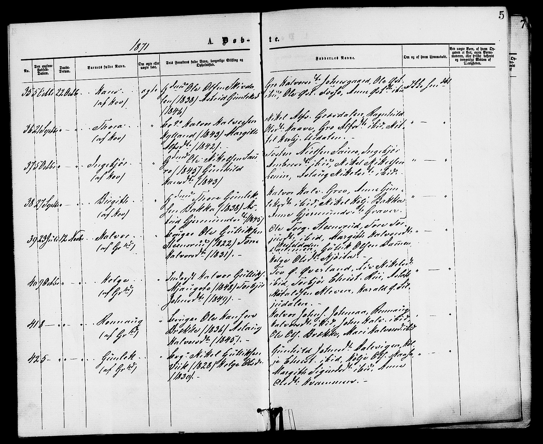 Gransherad kirkebøker, AV/SAKO-A-267/F/Fa/L0004: Parish register (official) no. I 4, 1871-1886, p. 5