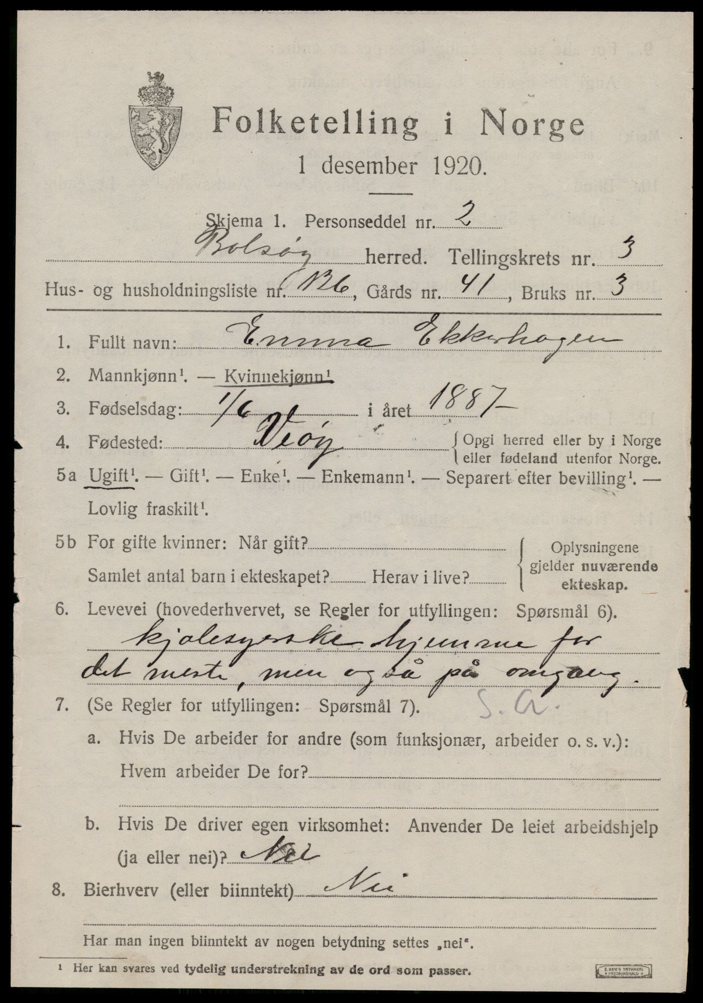 SAT, 1920 census for Bolsøy, 1920, p. 6553