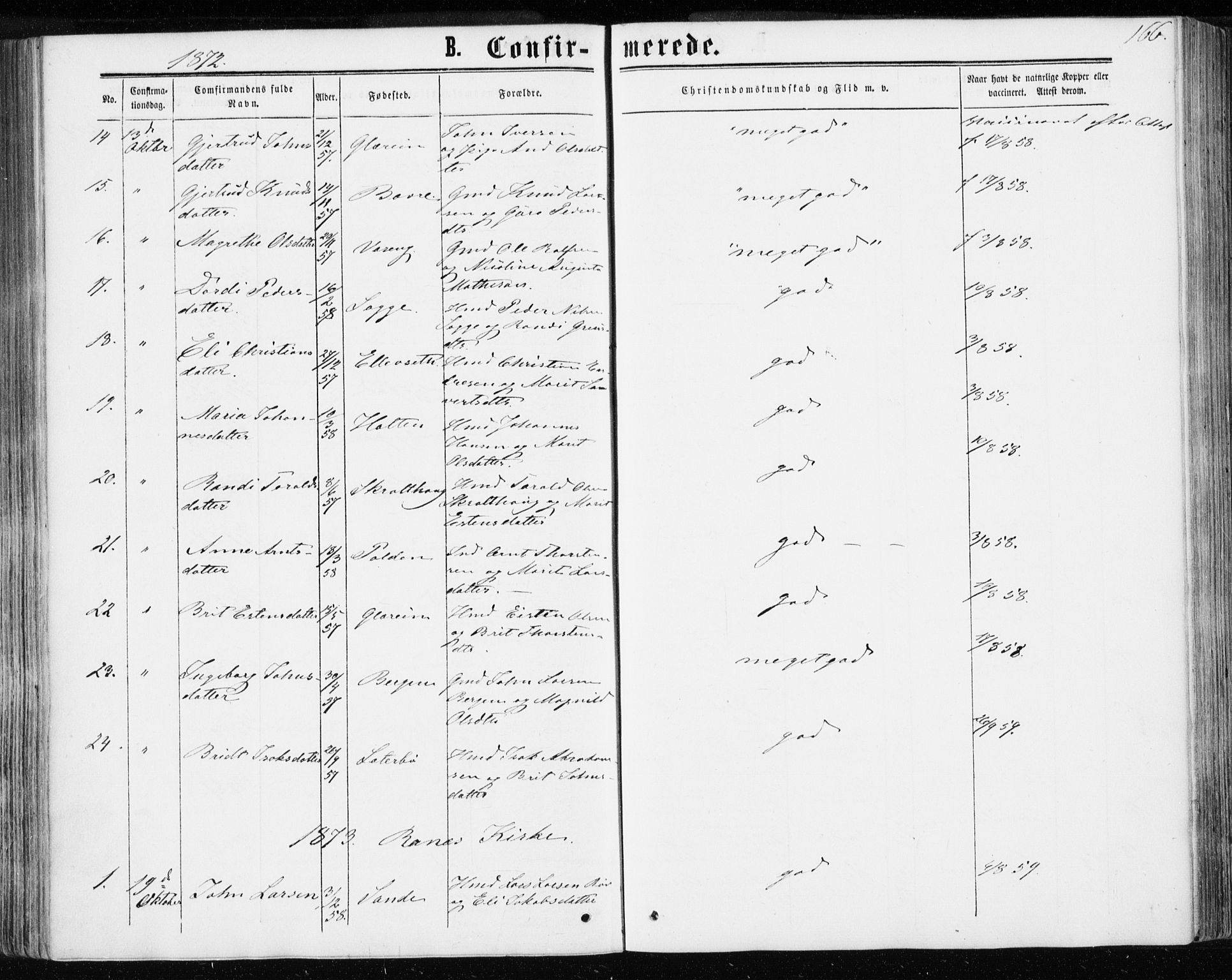 Ministerialprotokoller, klokkerbøker og fødselsregistre - Møre og Romsdal, AV/SAT-A-1454/595/L1045: Parish register (official) no. 595A07, 1863-1873, p. 166