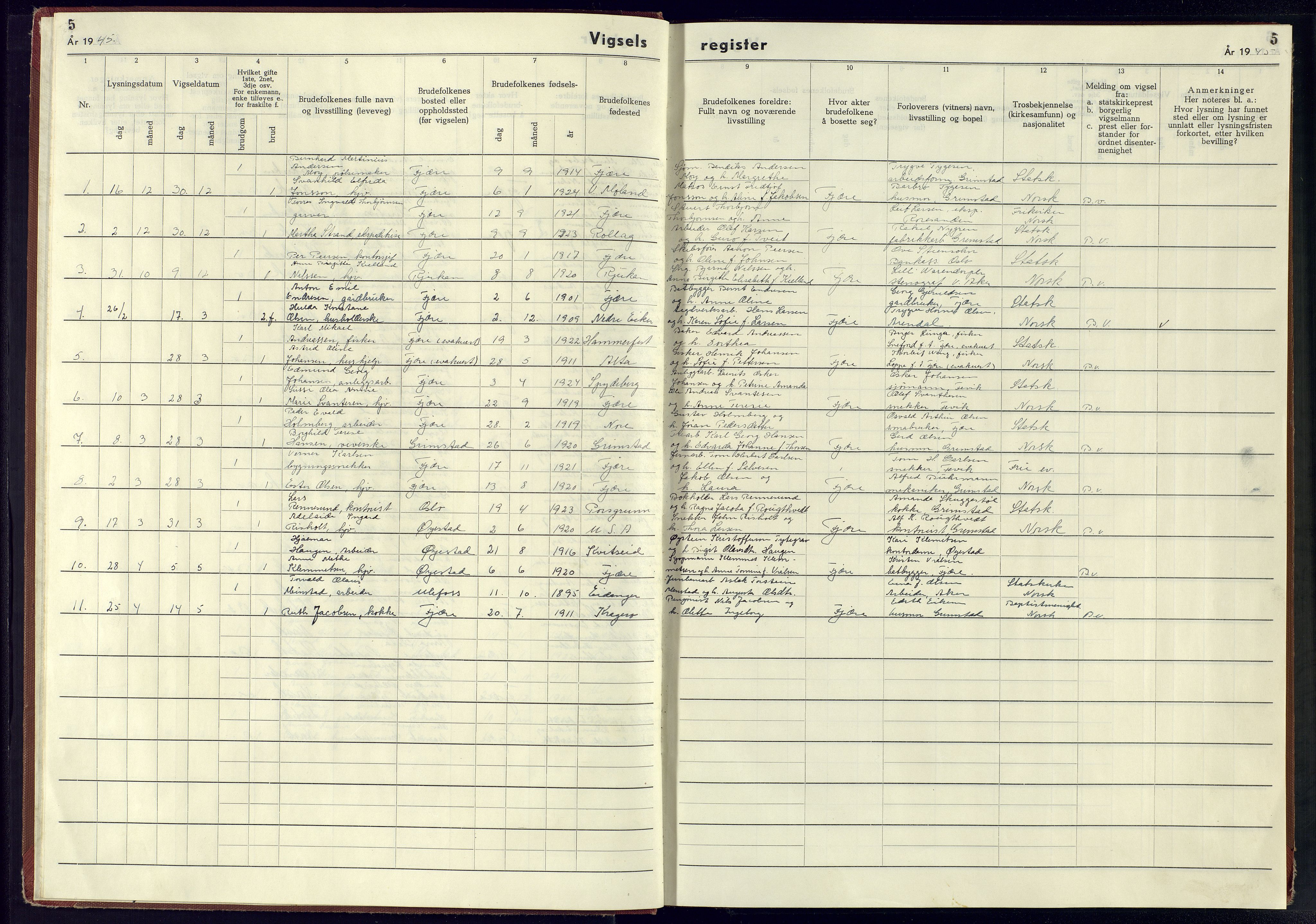 Fjære sokneprestkontor, SAK/1111-0011/J/Je/L0002: Marriage register no. 2, 1943-1945, p. 5