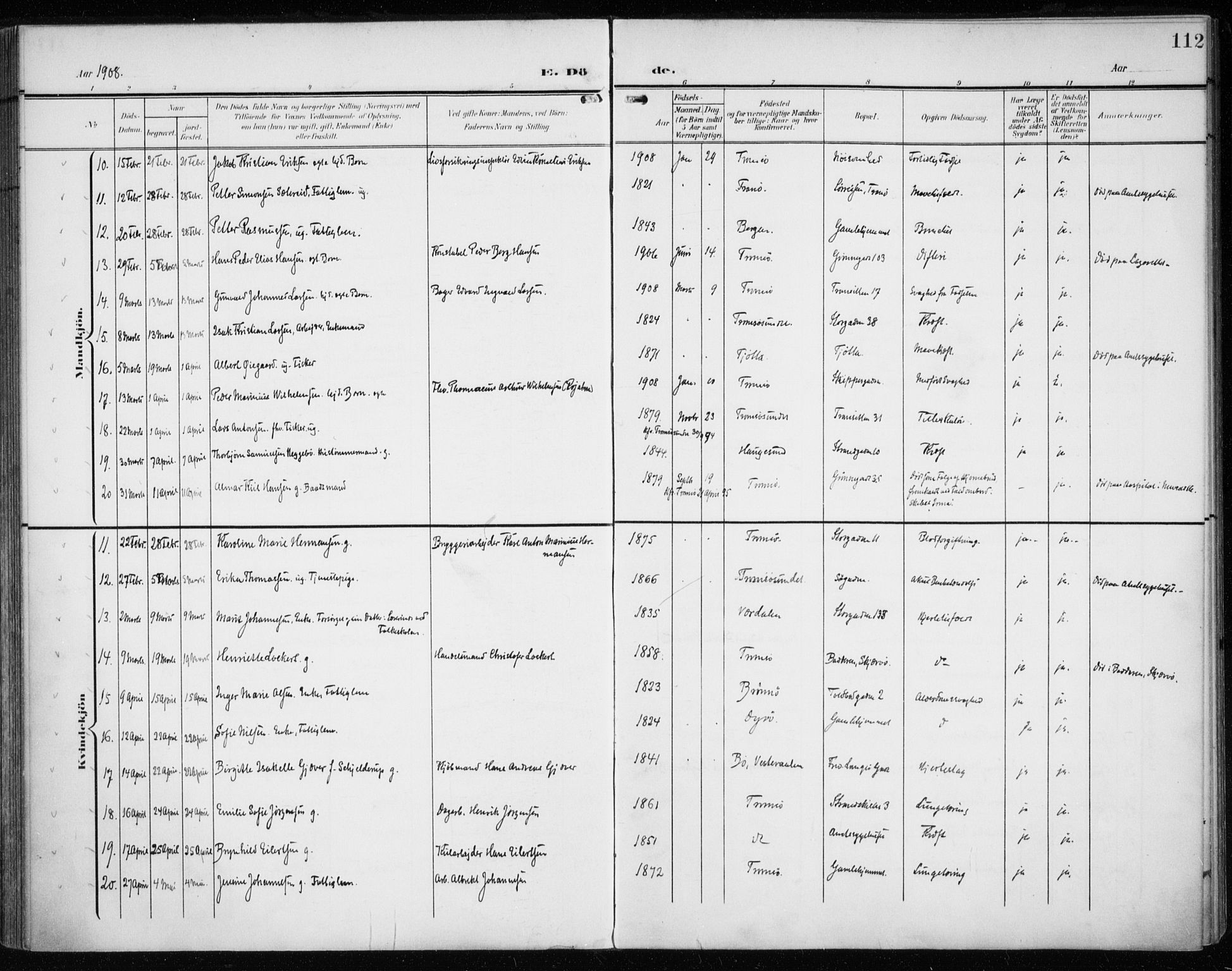 Tromsø sokneprestkontor/stiftsprosti/domprosti, AV/SATØ-S-1343/G/Ga/L0018kirke: Parish register (official) no. 18, 1907-1917, p. 112