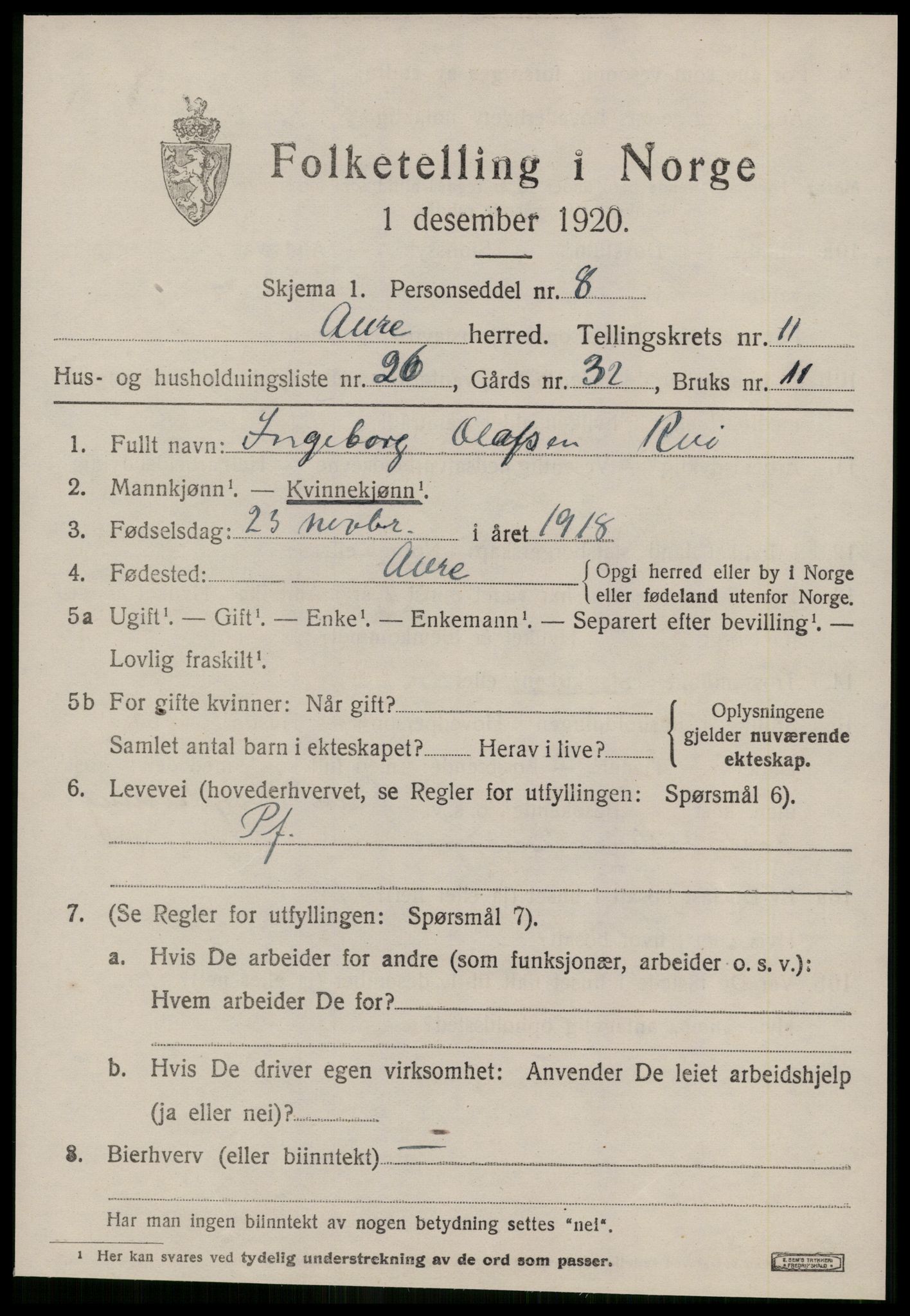 SAT, 1920 census for Aure, 1920, p. 4542