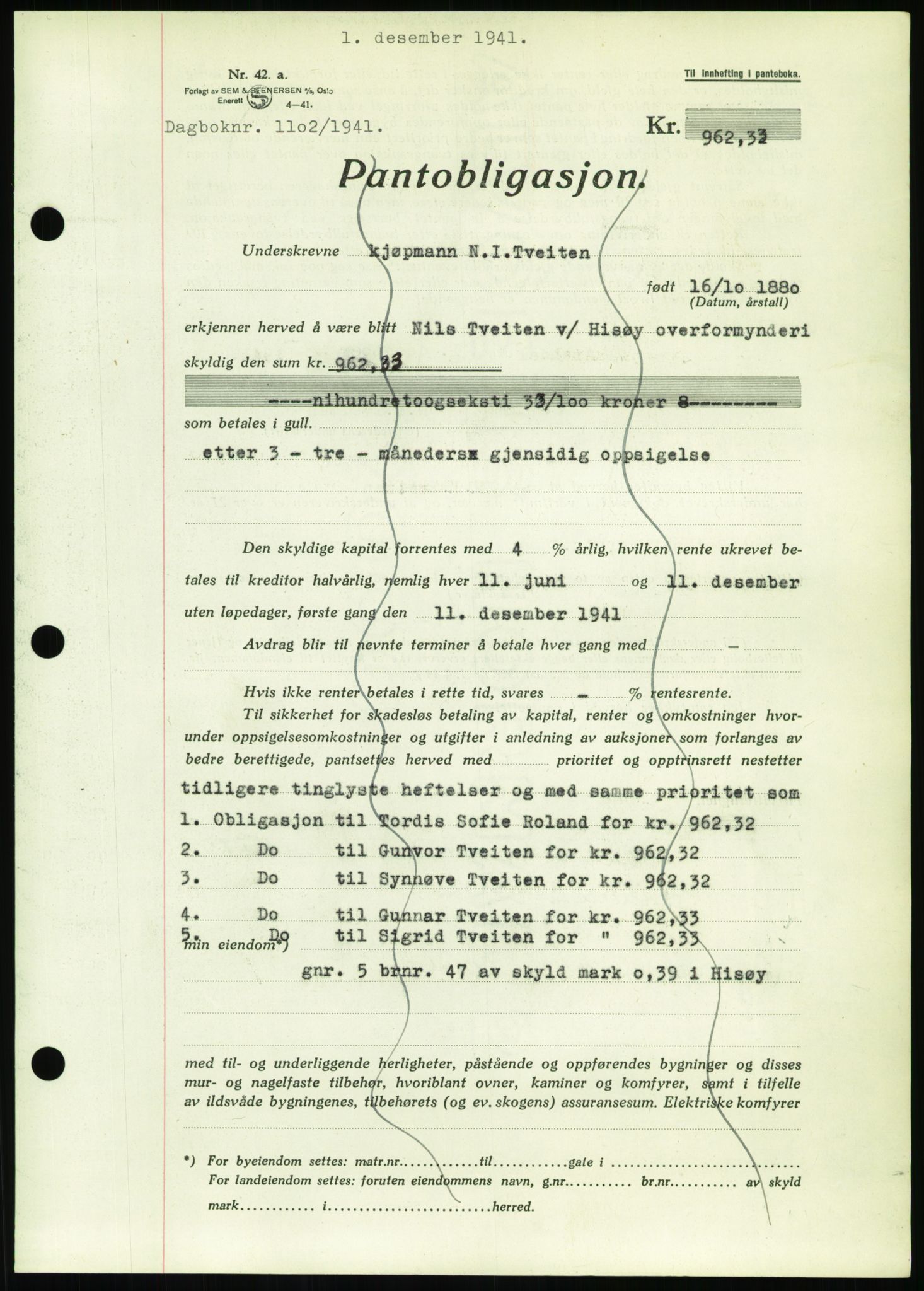 Nedenes sorenskriveri, SAK/1221-0006/G/Gb/Gbb/L0001: Mortgage book no. I, 1939-1942, Diary no: : 1102/1941
