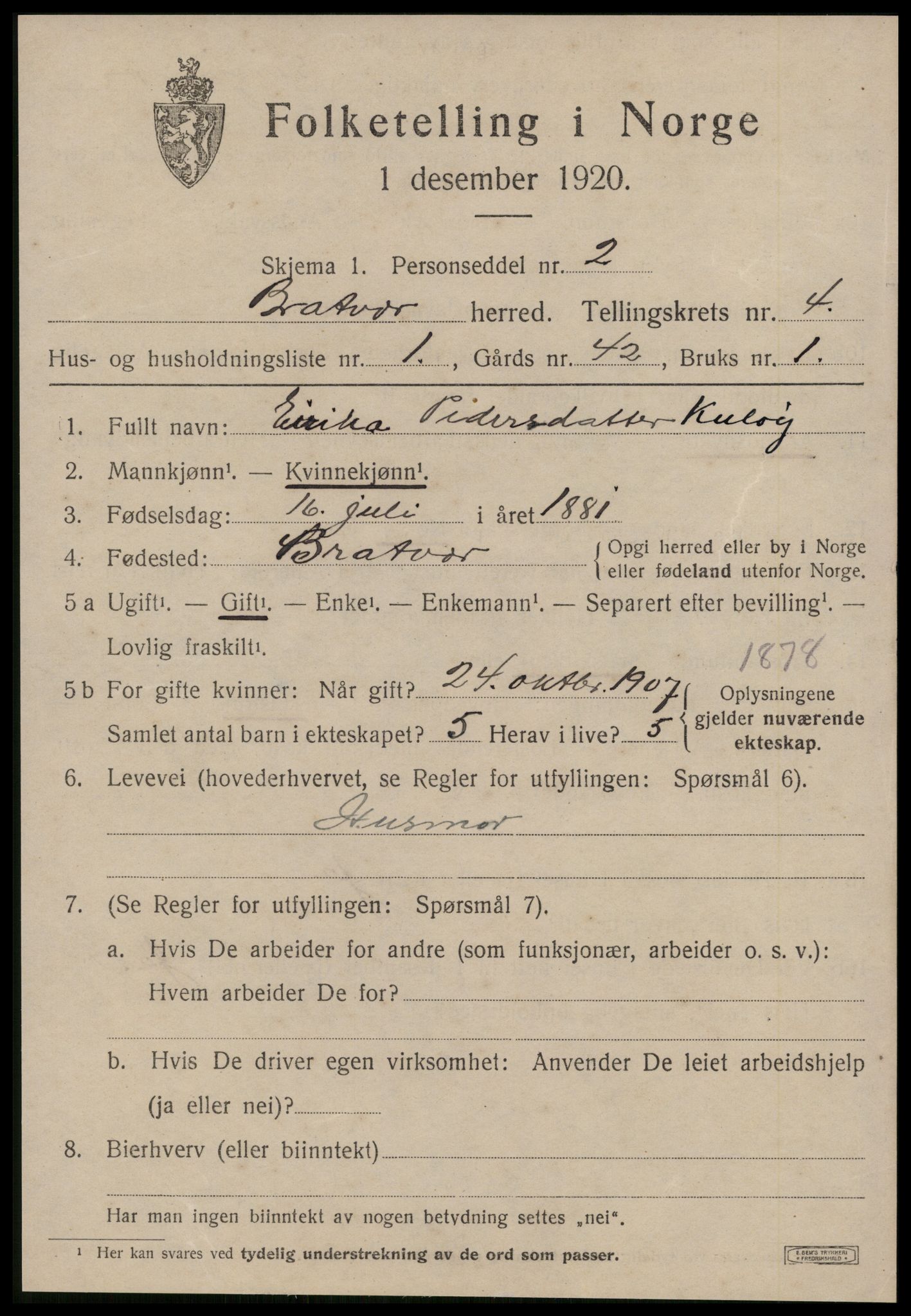 SAT, 1920 census for Brattvær, 1920, p. 1638