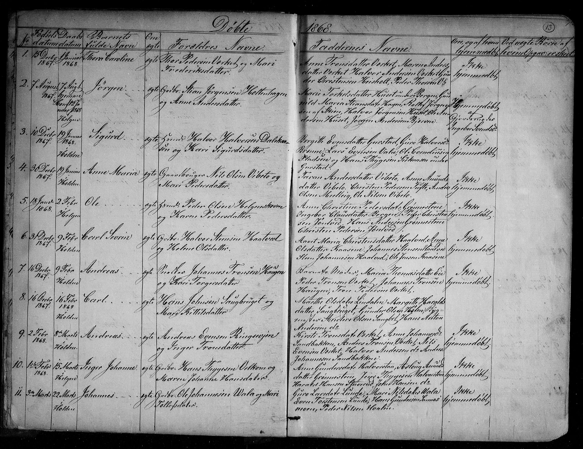 Holla kirkebøker, SAKO/A-272/G/Ga/L0004: Parish register (copy) no. I 4, 1867-1890, p. 13