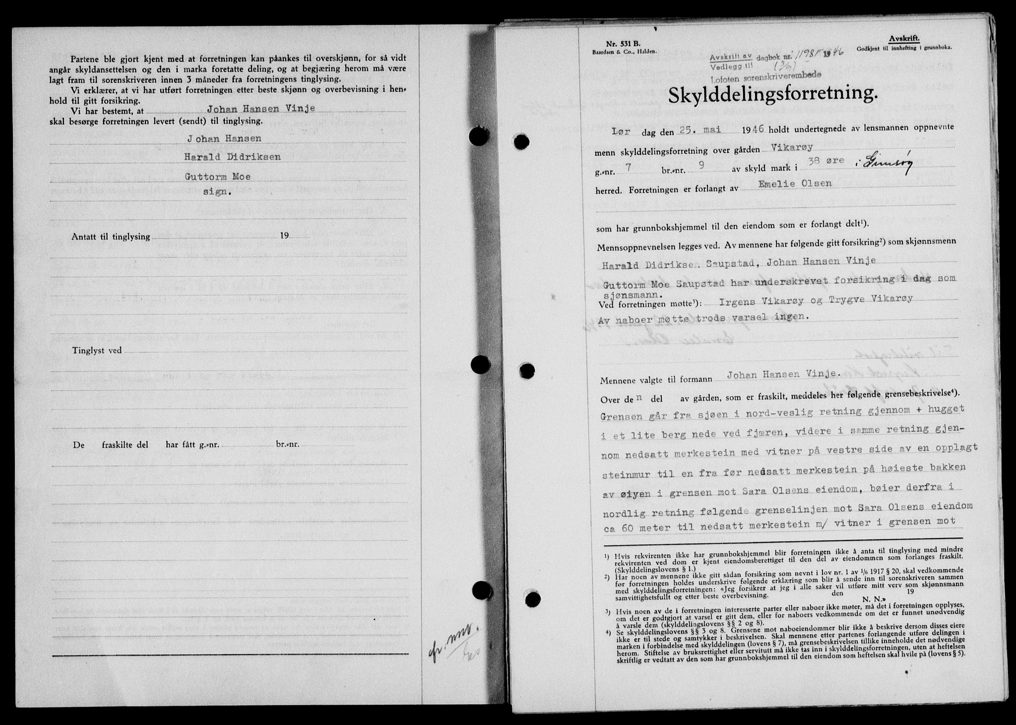 Lofoten sorenskriveri, SAT/A-0017/1/2/2C/L0014a: Mortgage book no. 14a, 1946-1946, Diary no: : 1198/1946