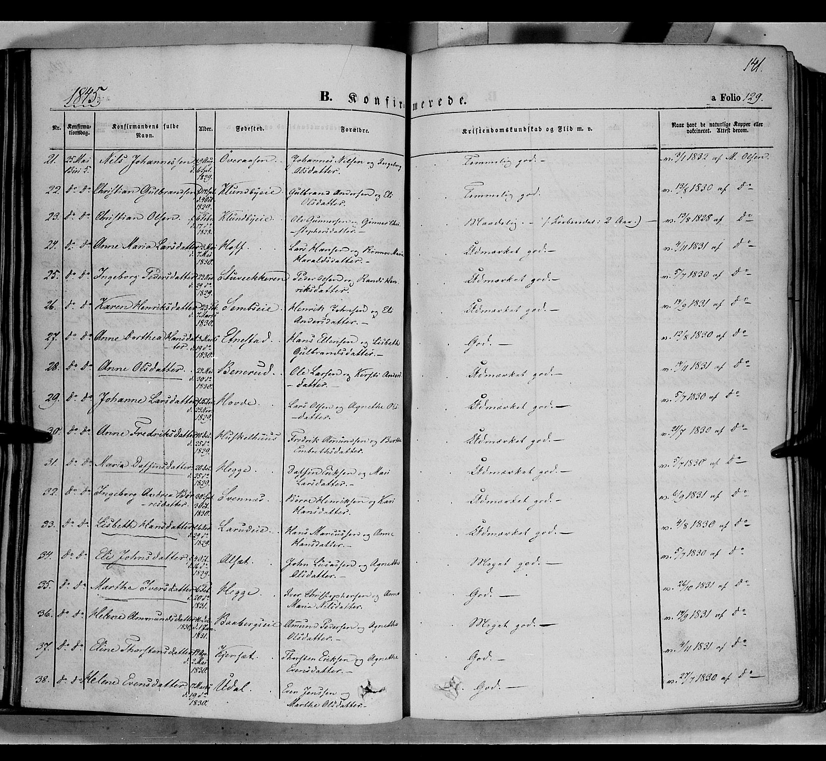 Biri prestekontor, SAH/PREST-096/H/Ha/Haa/L0005: Parish register (official) no. 5, 1843-1854, p. 141
