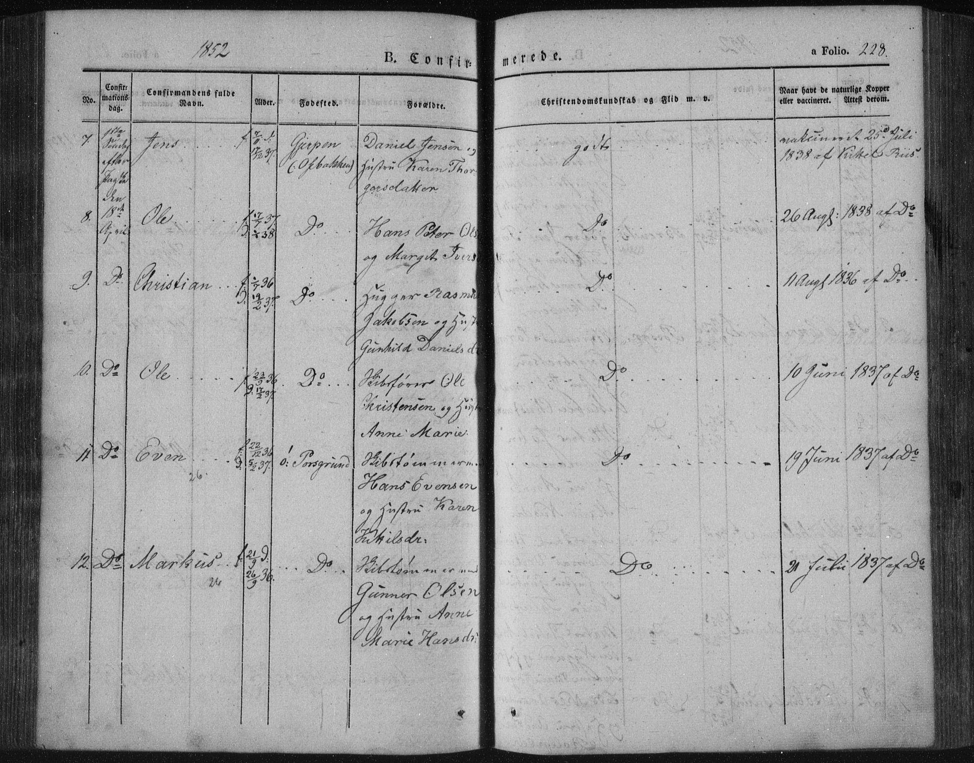 Porsgrunn kirkebøker , SAKO/A-104/F/Fa/L0006: Parish register (official) no. 6, 1841-1857, p. 228