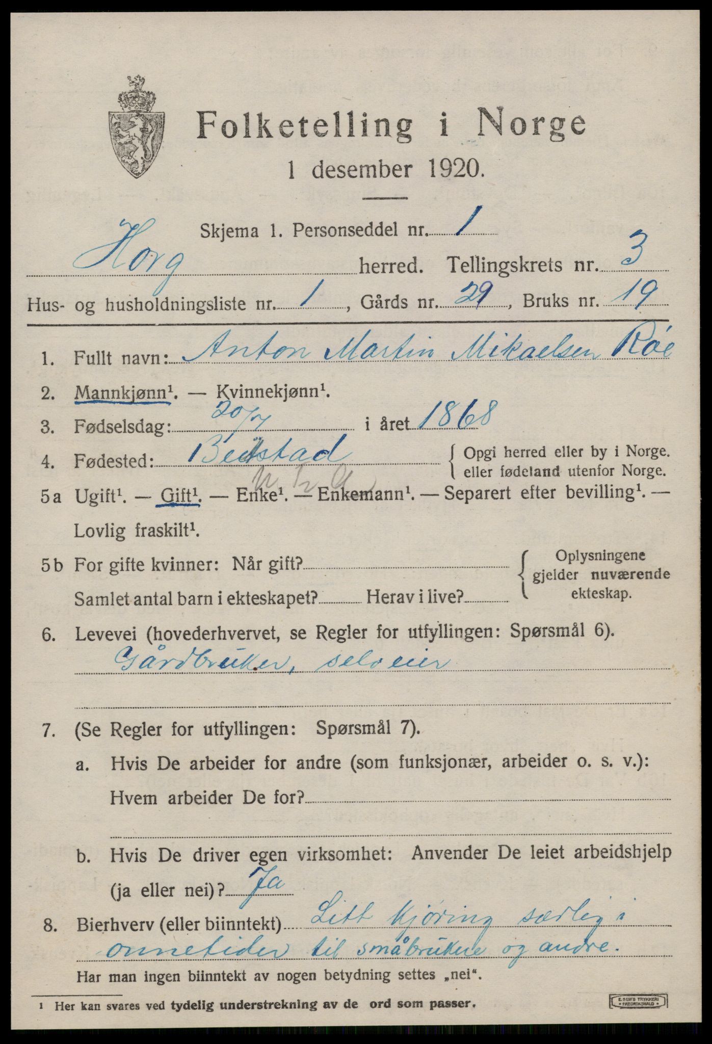 SAT, 1920 census for Horg, 1920, p. 2318