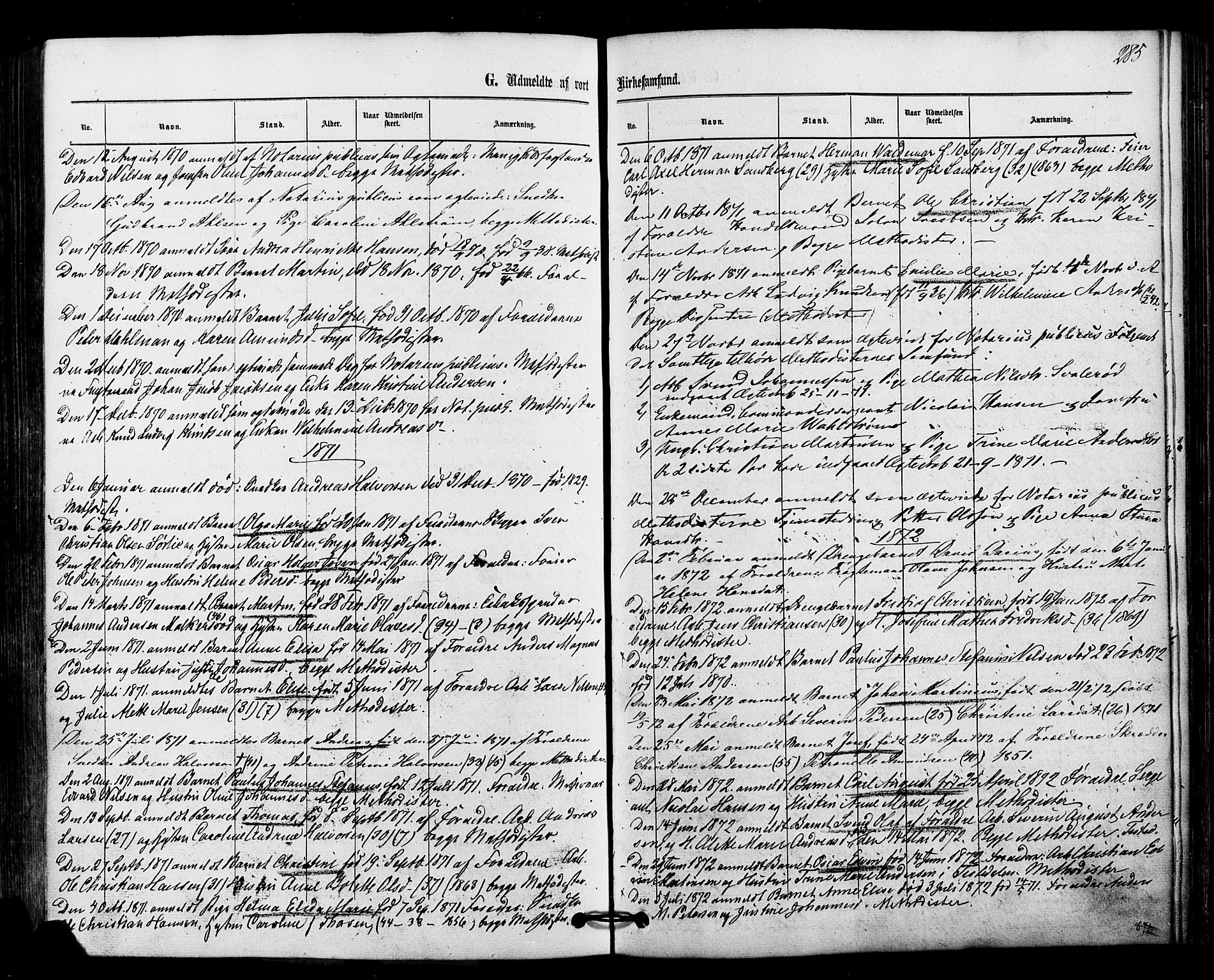 Halden prestekontor Kirkebøker, SAO/A-10909/F/Fa/L0010: Parish register (official) no. I 10, 1866-1877, p. 285