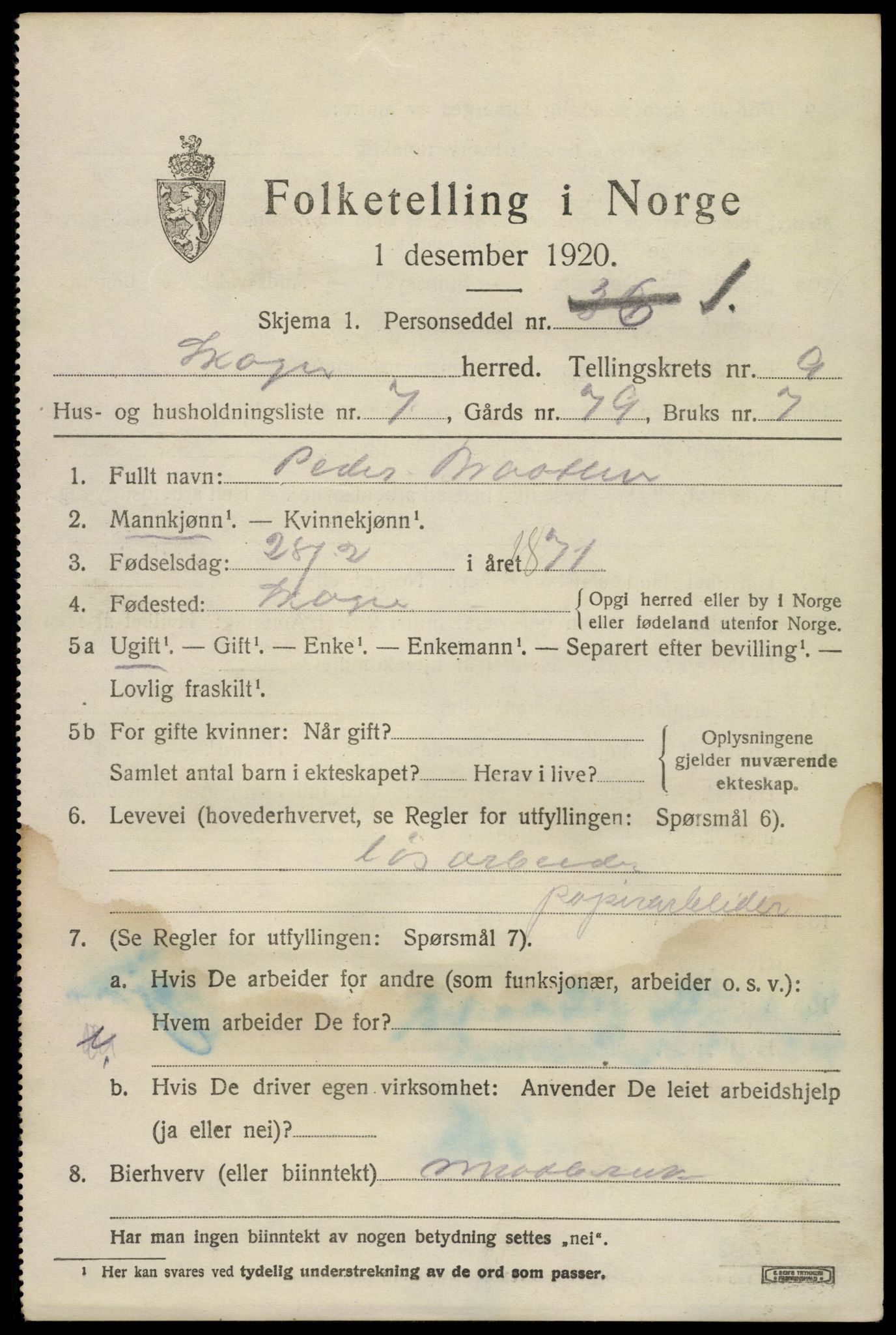 SAKO, 1920 census for Skoger, 1920, p. 16401