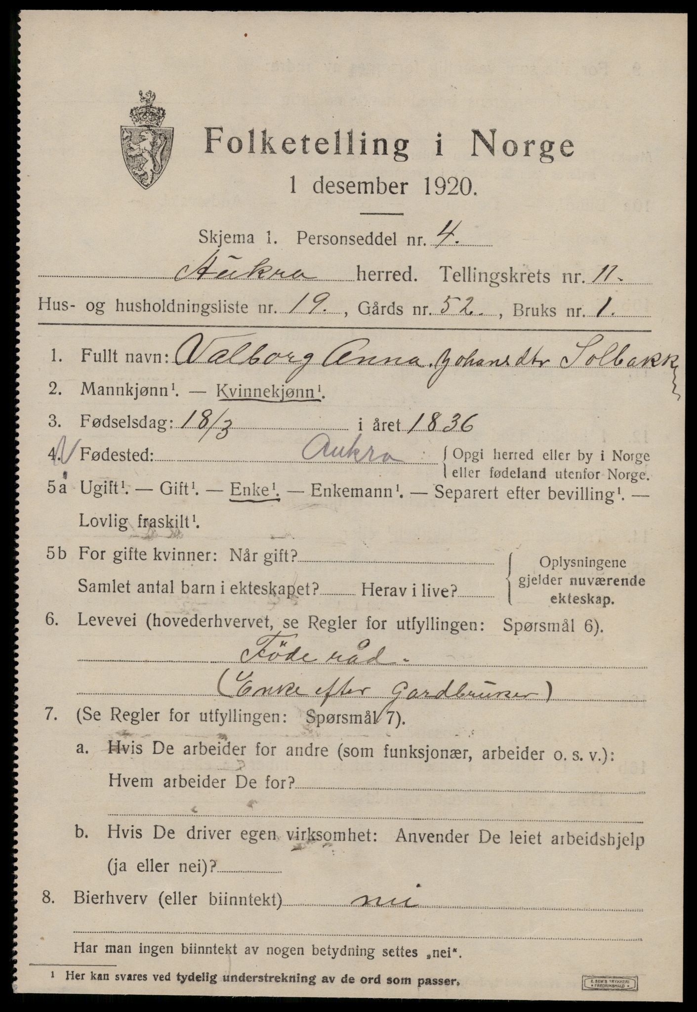 SAT, 1920 census for Aukra, 1920, p. 5409