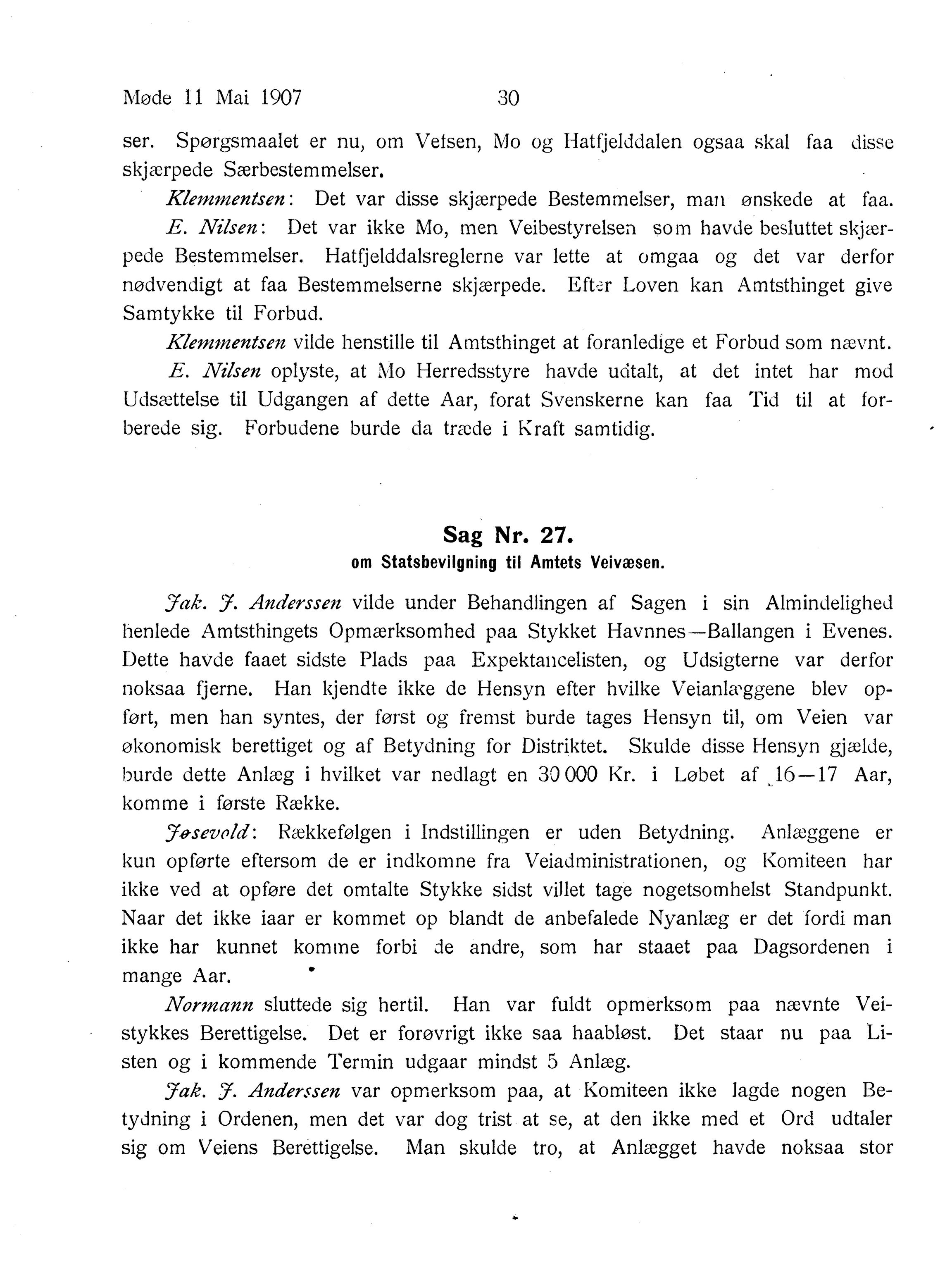 Nordland Fylkeskommune. Fylkestinget, AIN/NFK-17/176/A/Ac/L0030: Fylkestingsforhandlinger 1907, 1907