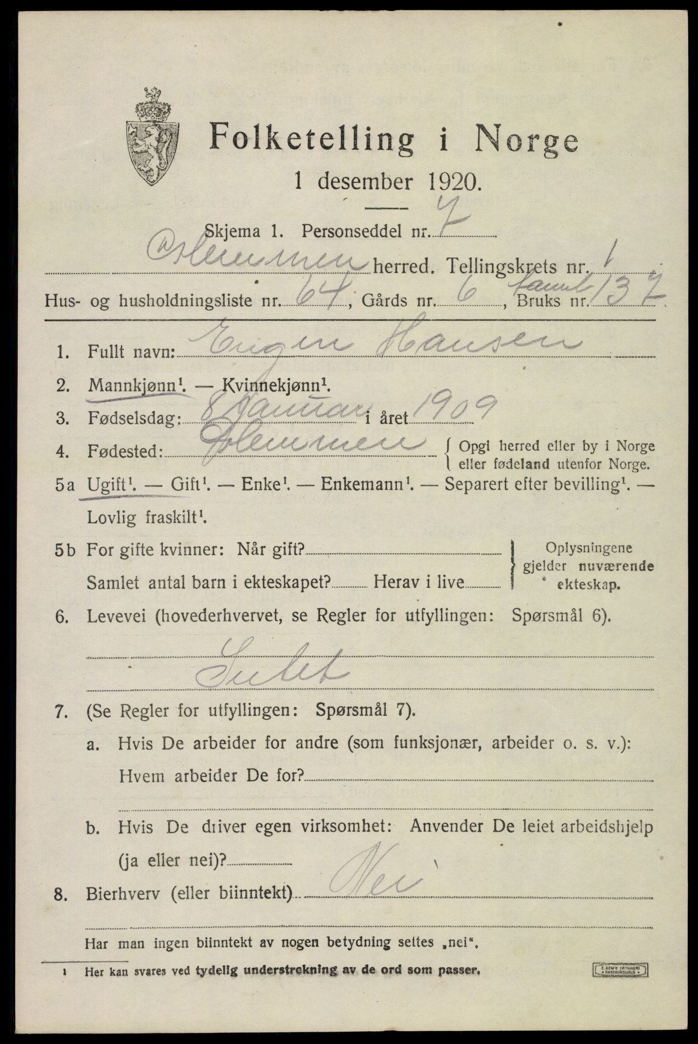 SAO, 1920 census for Glemmen, 1920, p. 4063