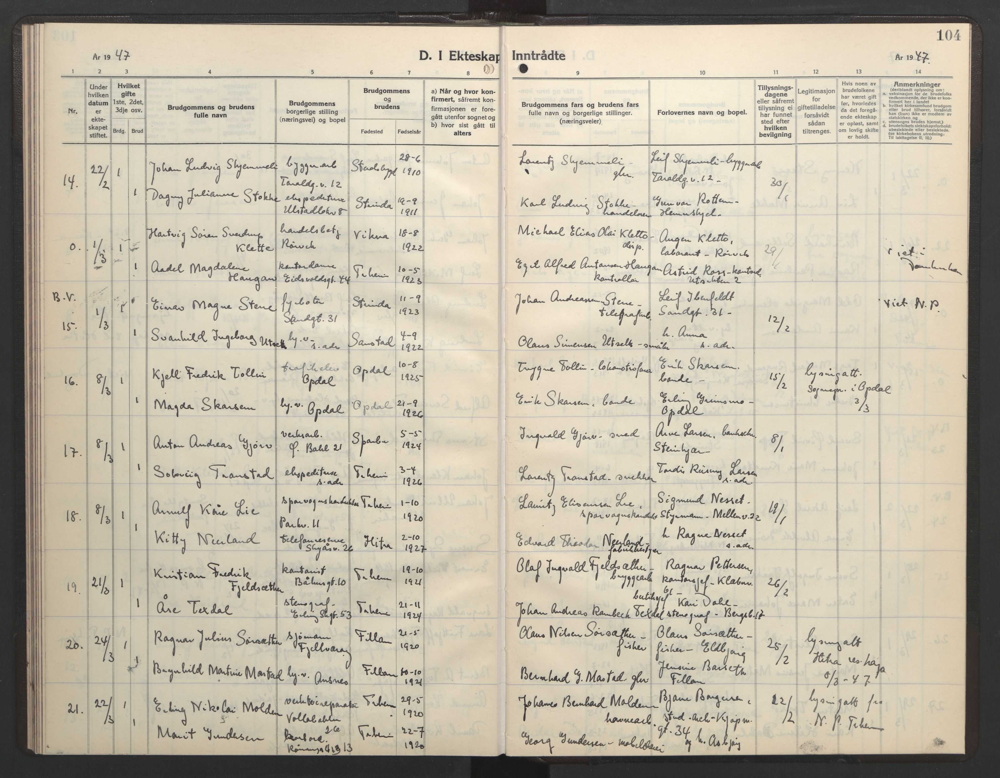 Ministerialprotokoller, klokkerbøker og fødselsregistre - Sør-Trøndelag, AV/SAT-A-1456/602/L0154: Parish register (copy) no. 602C22, 1940-1947, p. 104