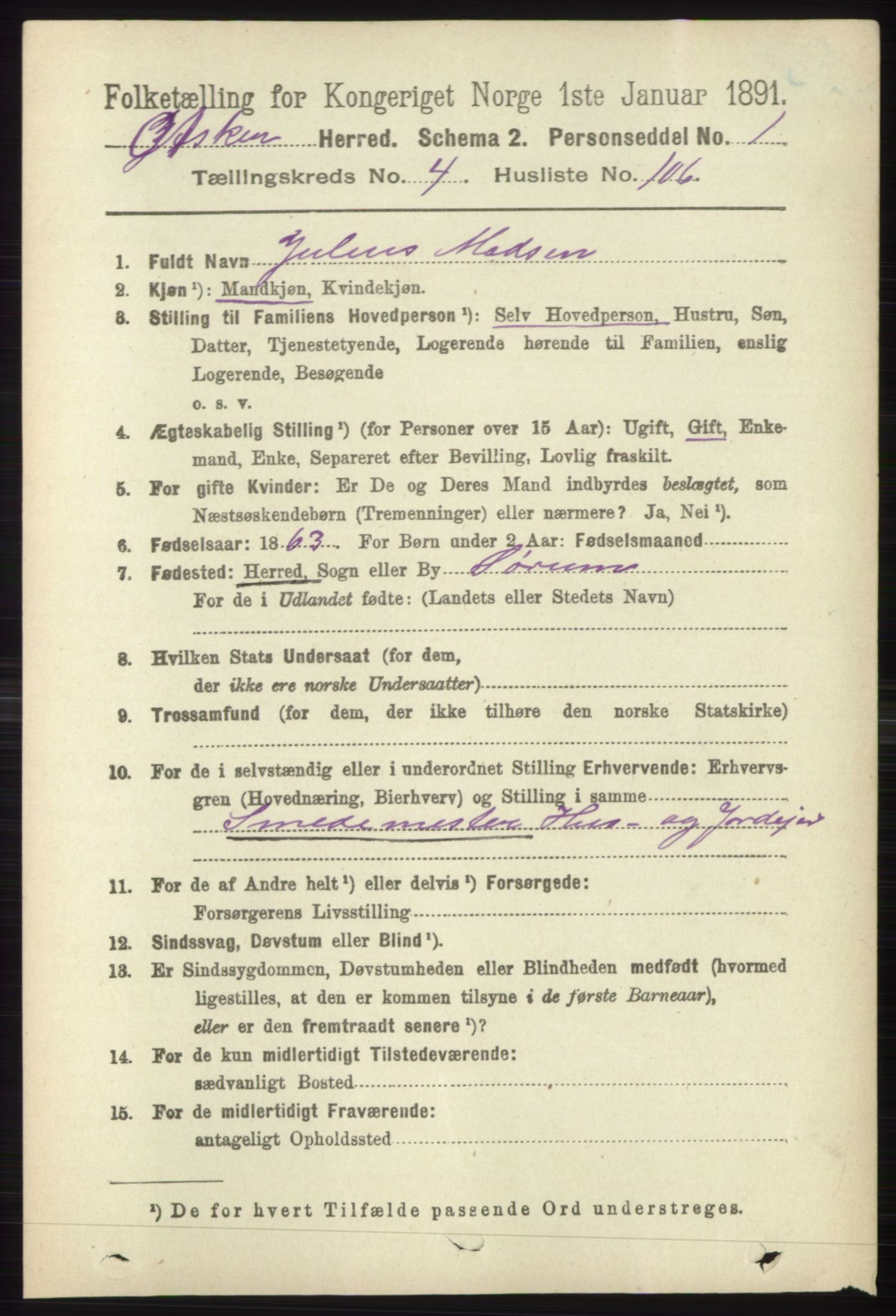 RA, 1891 census for 0220 Asker, 1891, p. 3625