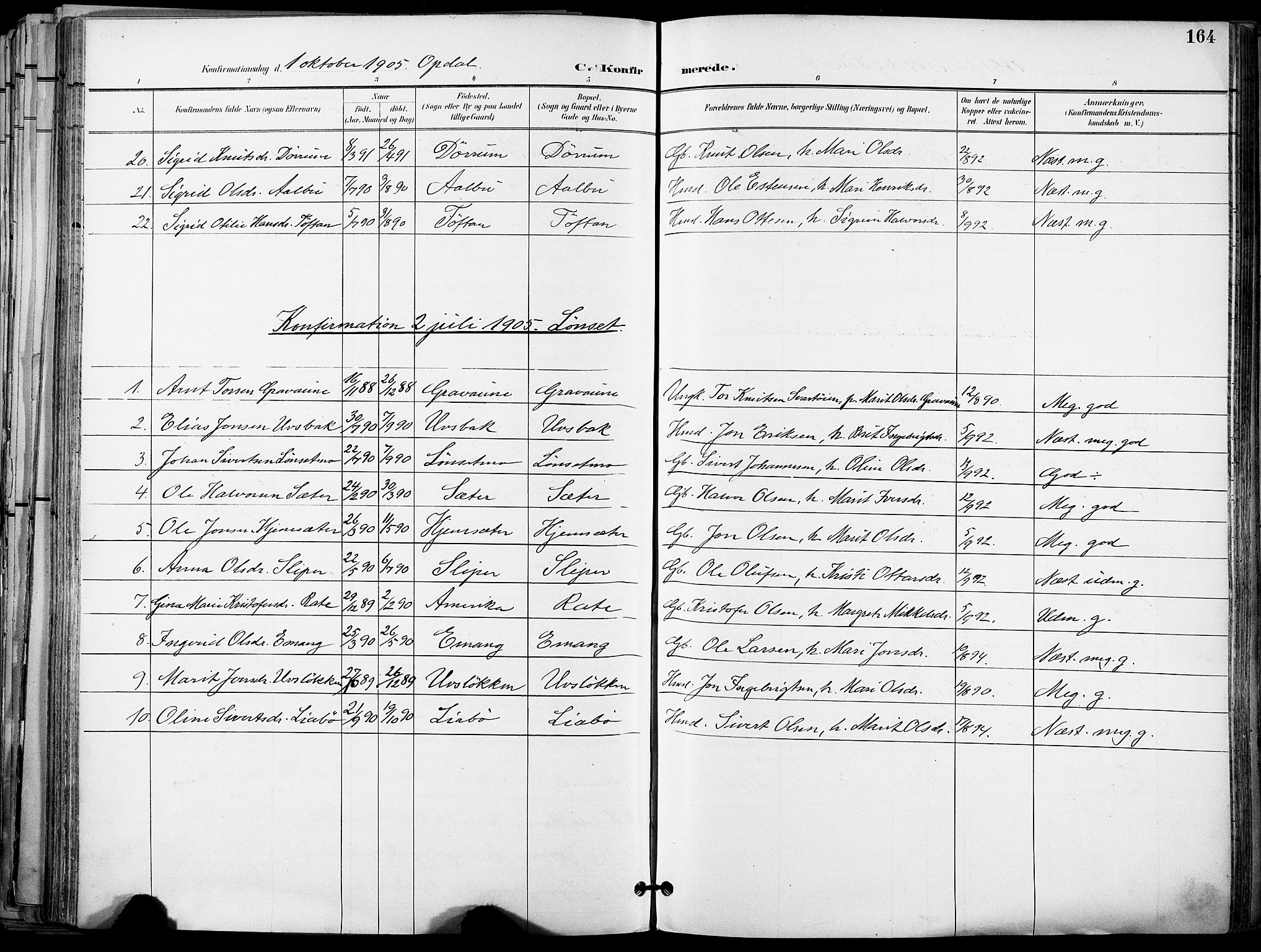 Ministerialprotokoller, klokkerbøker og fødselsregistre - Sør-Trøndelag, AV/SAT-A-1456/678/L0902: Parish register (official) no. 678A11, 1895-1911, p. 164