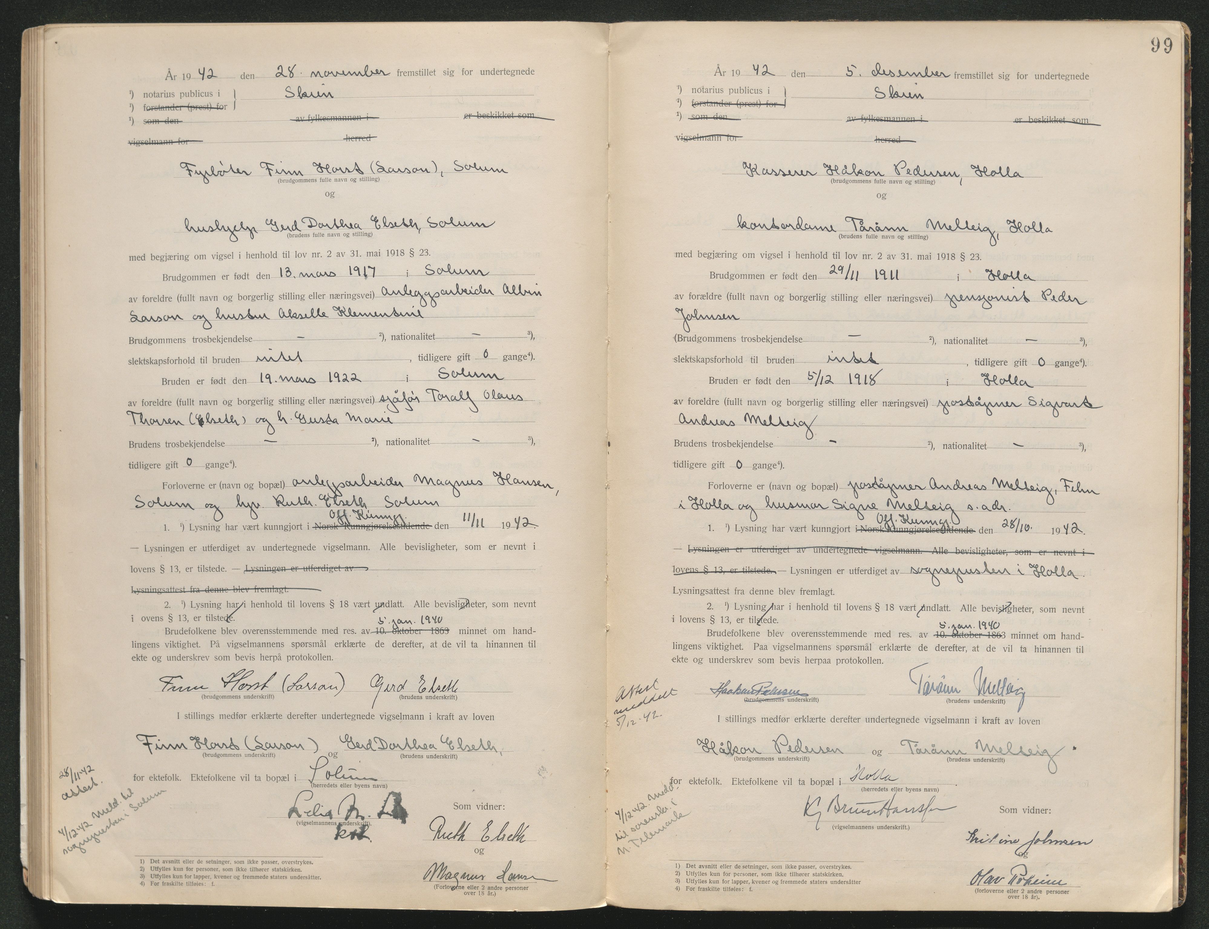 Skien sorenskriveri, AV/SAKO-A-225/L/La/L0001: Vigselsprotokoll, 1920-1947, p. 99