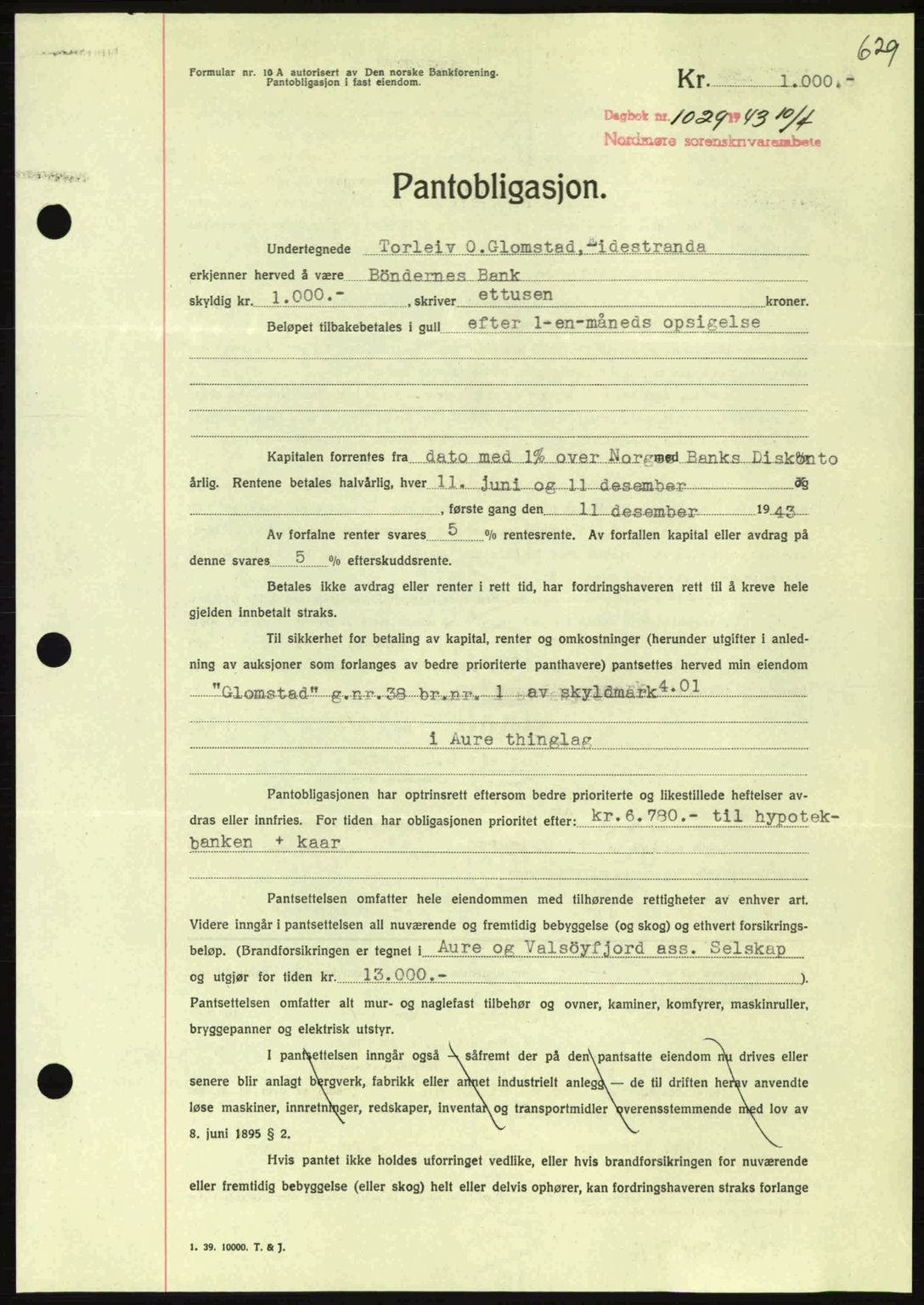 Nordmøre sorenskriveri, AV/SAT-A-4132/1/2/2Ca: Mortgage book no. B90, 1942-1943, Diary no: : 1029/1943