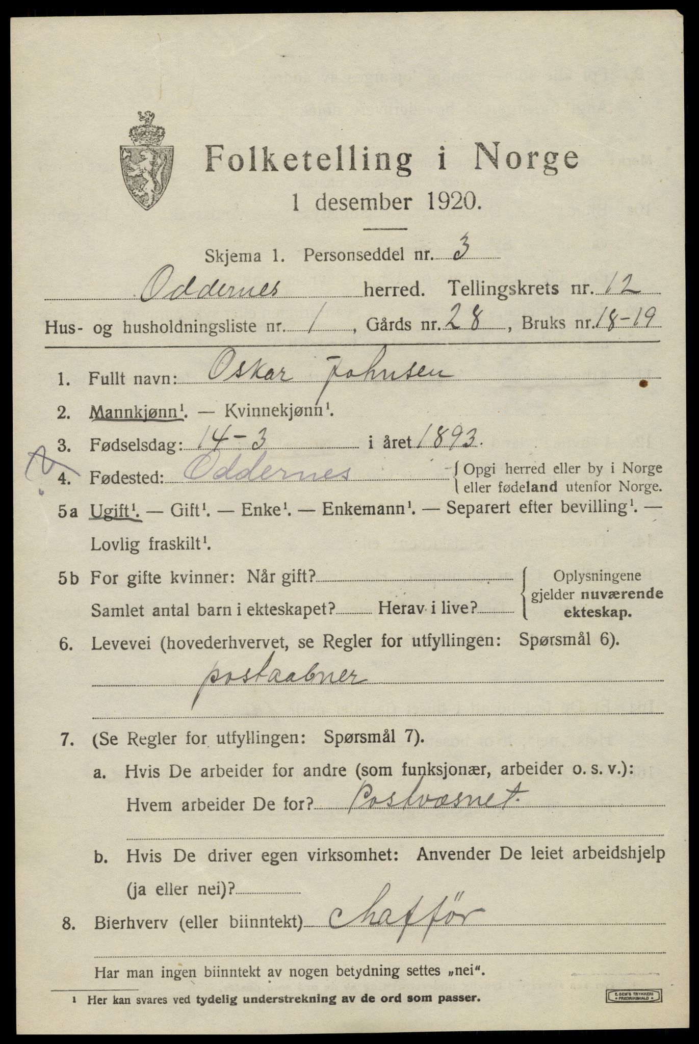 SAK, 1920 census for Oddernes, 1920, p. 7605