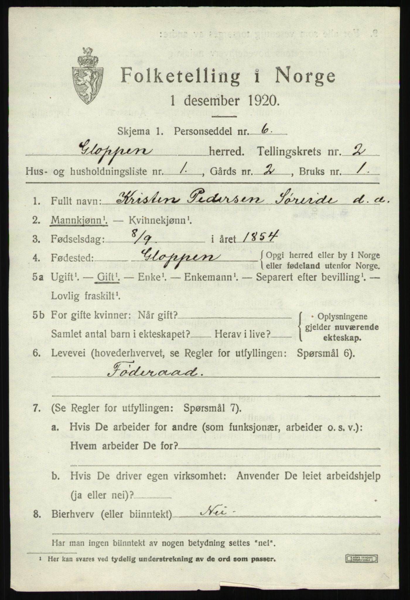 SAB, 1920 census for Gloppen, 1920, p. 1242