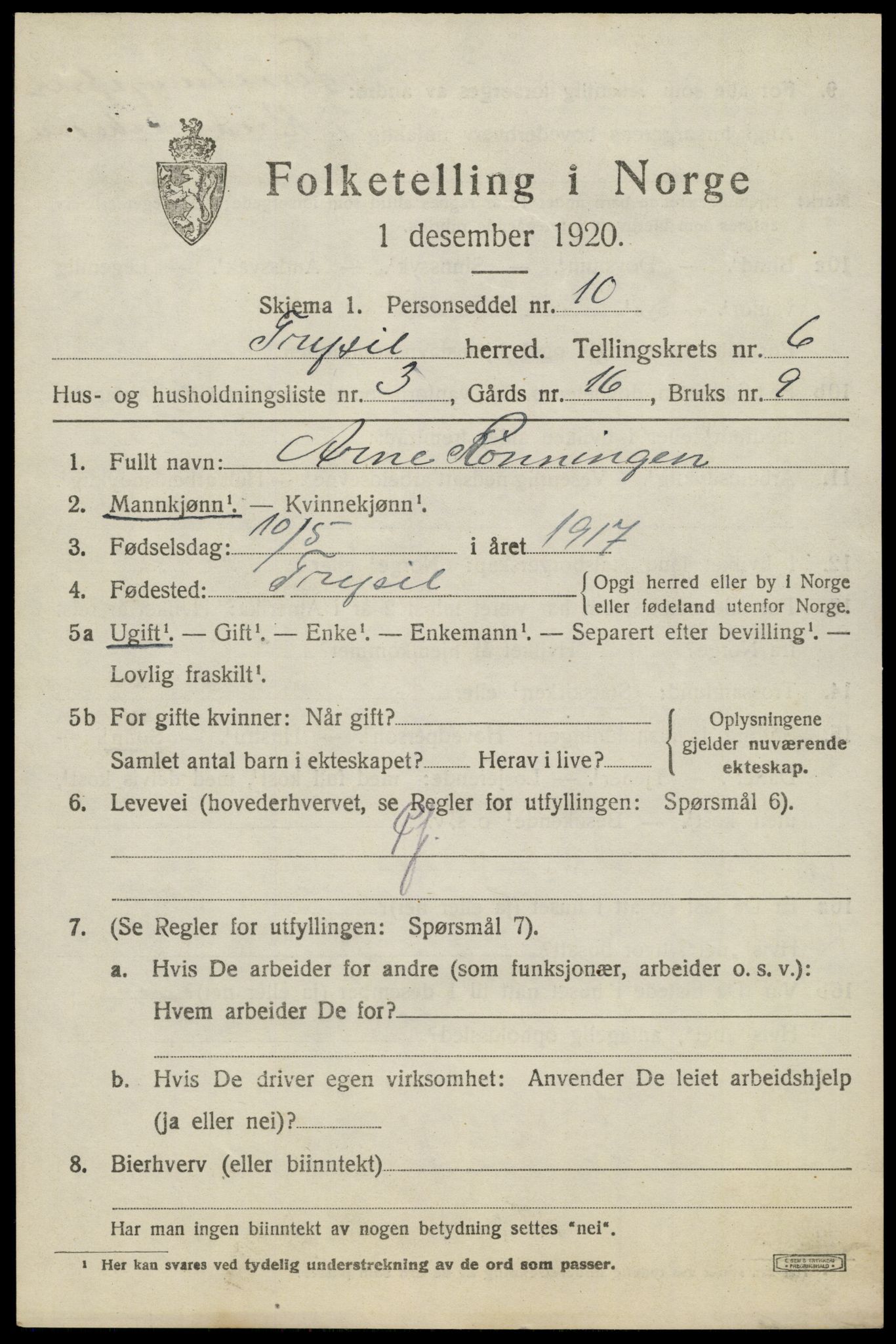 SAH, 1920 census for Trysil, 1920, p. 4585