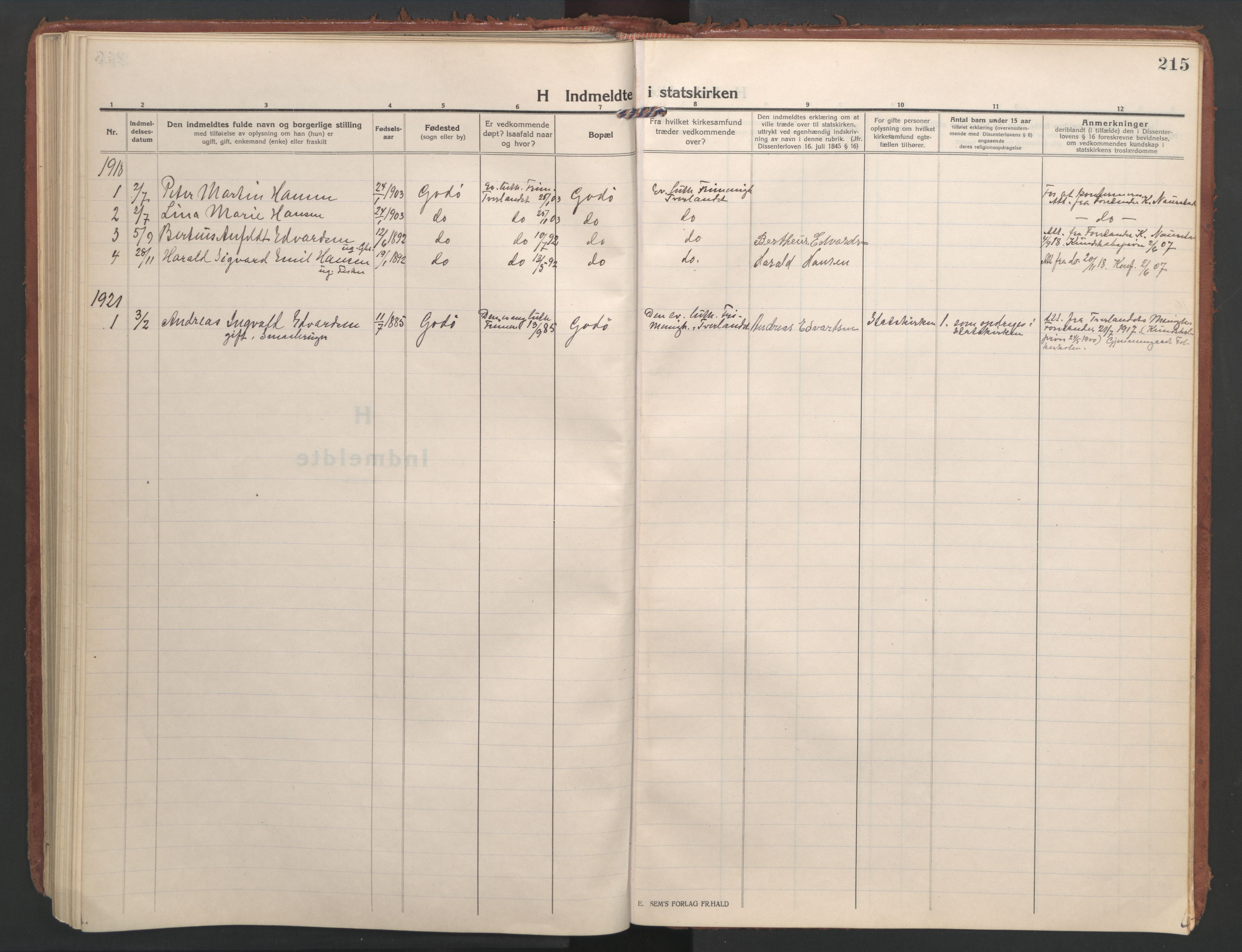 Ministerialprotokoller, klokkerbøker og fødselsregistre - Nordland, SAT/A-1459/804/L0086: Parish register (official) no. 804A07, 1916-1935, p. 215