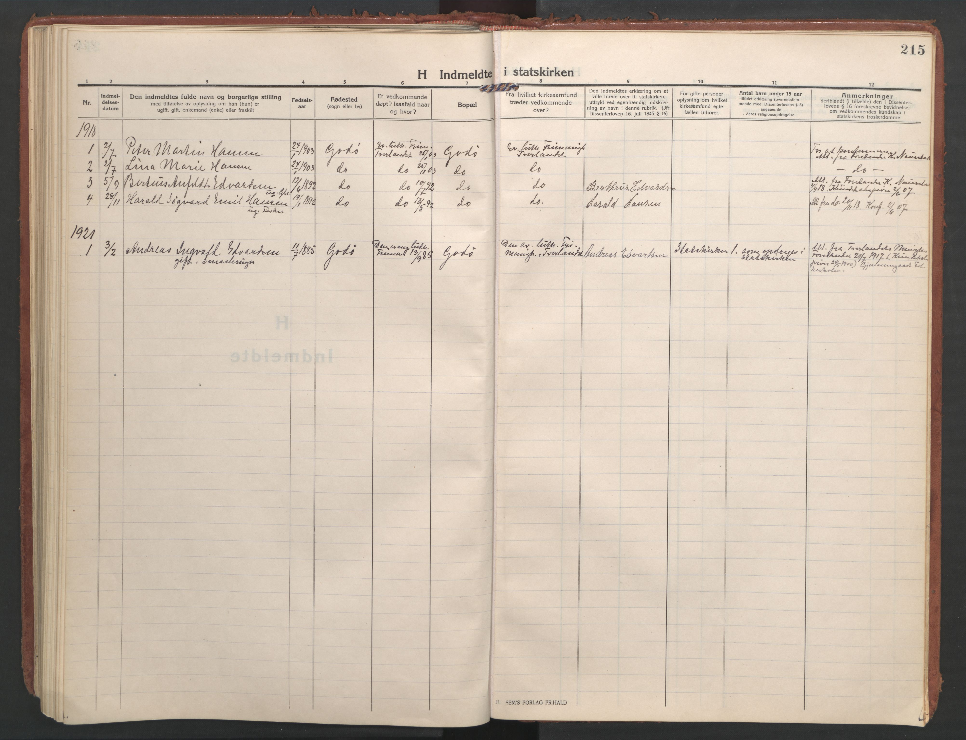 Ministerialprotokoller, klokkerbøker og fødselsregistre - Nordland, AV/SAT-A-1459/804/L0086: Parish register (official) no. 804A07, 1916-1935, p. 215