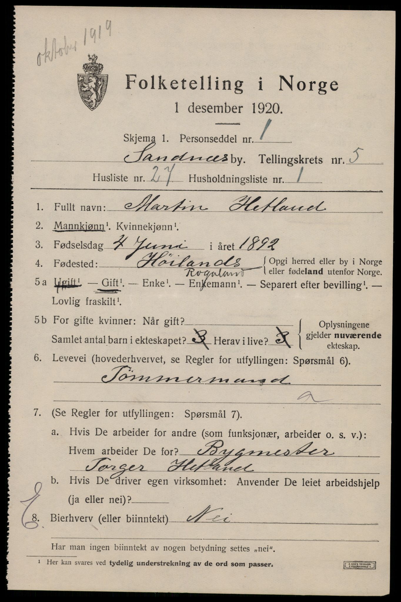 SAST, 1920 census for Sandnes, 1920, p. 4978