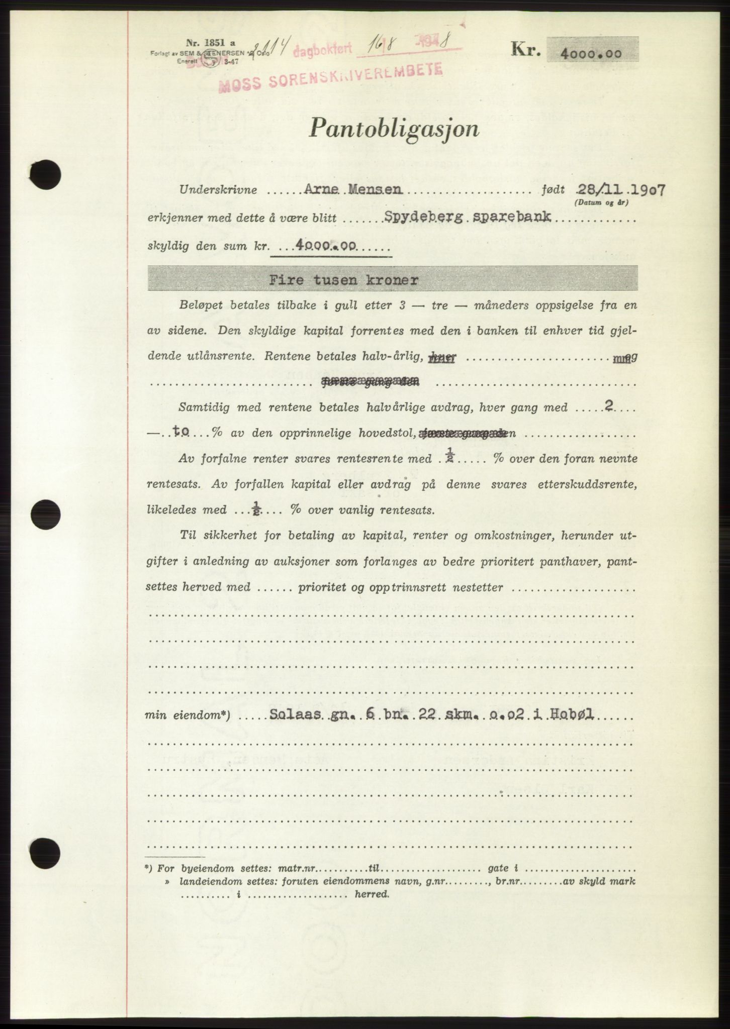 Moss sorenskriveri, AV/SAO-A-10168: Mortgage book no. B20, 1948-1948, Diary no: : 2114/1948