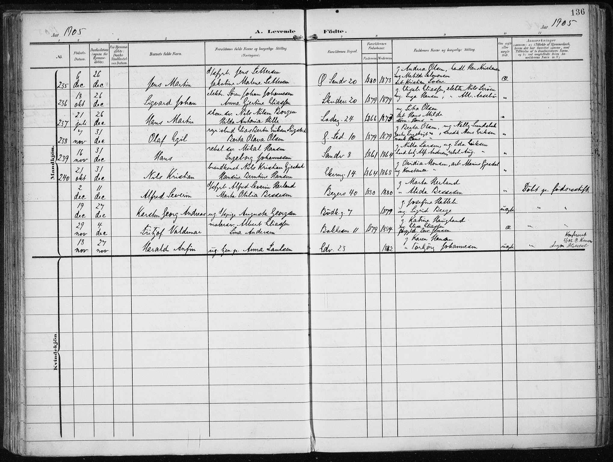 Sandviken Sokneprestembete, AV/SAB-A-77601/H/Ha/L0006: Parish register (official) no. B 3, 1901-1912, p. 136