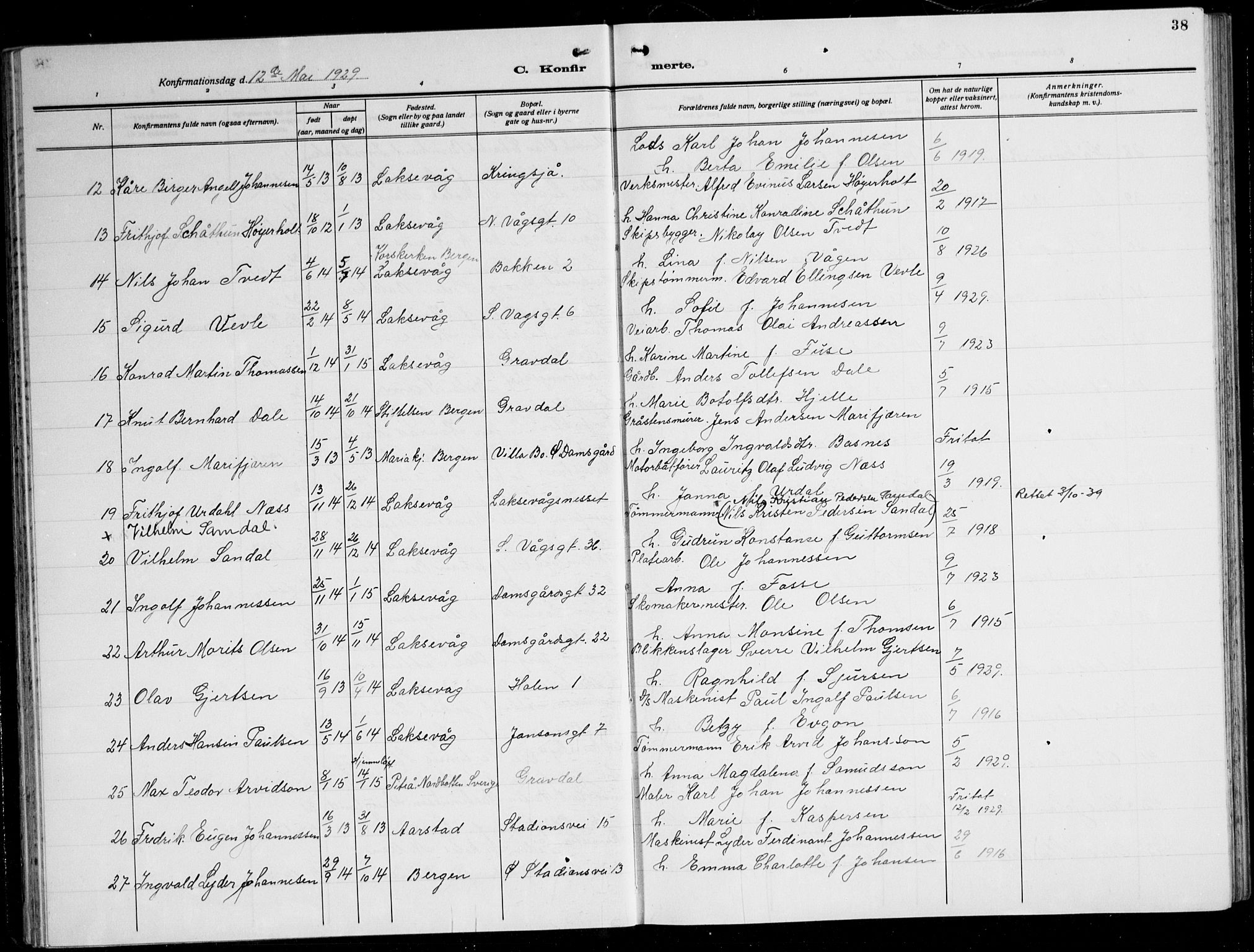 Laksevåg Sokneprestembete, SAB/A-76501/H/Ha/Hab/Haba: Parish register (copy) no. A 10, 1925-1942, p. 38