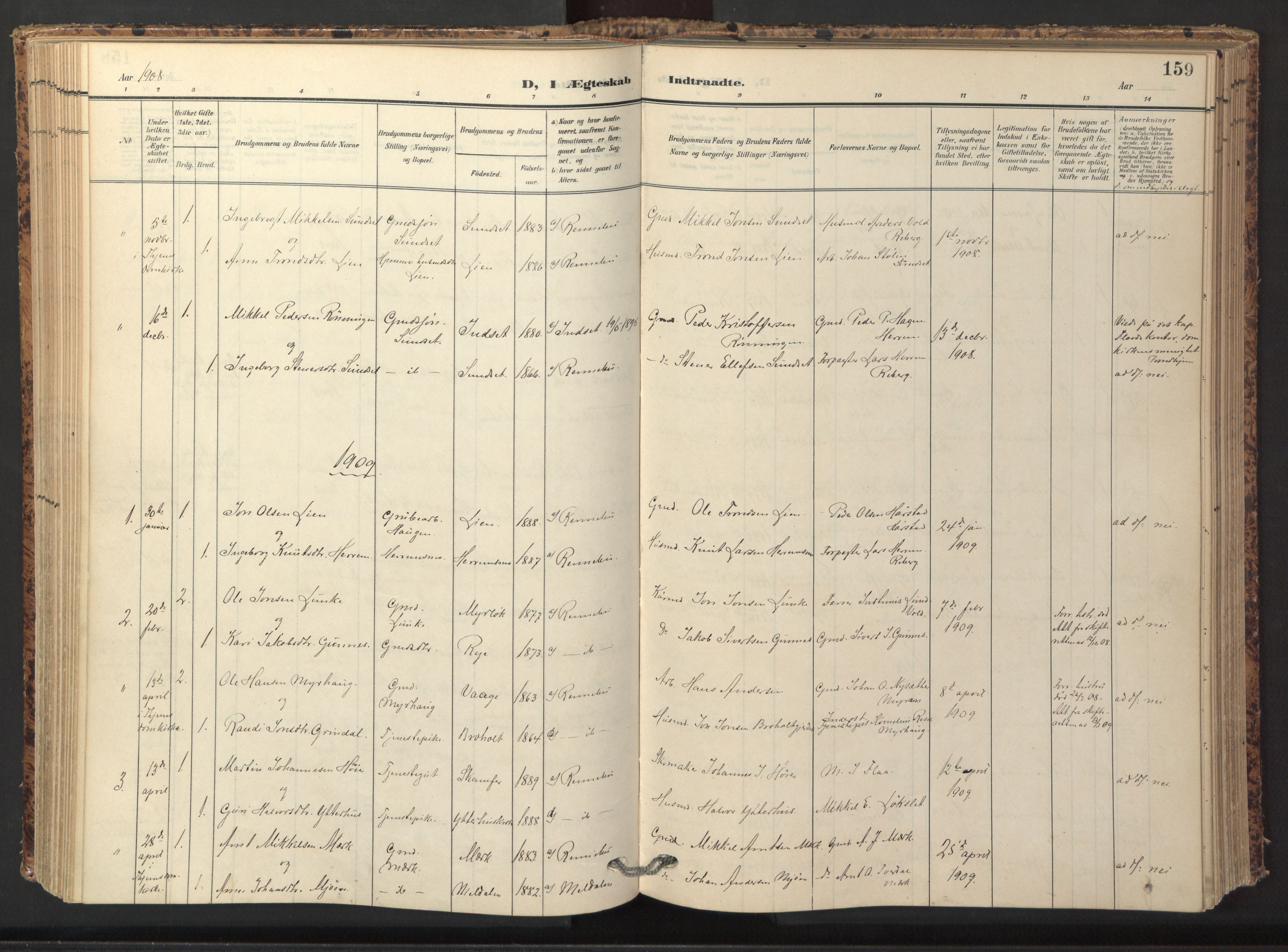 Ministerialprotokoller, klokkerbøker og fødselsregistre - Sør-Trøndelag, SAT/A-1456/674/L0873: Parish register (official) no. 674A05, 1908-1923, p. 159