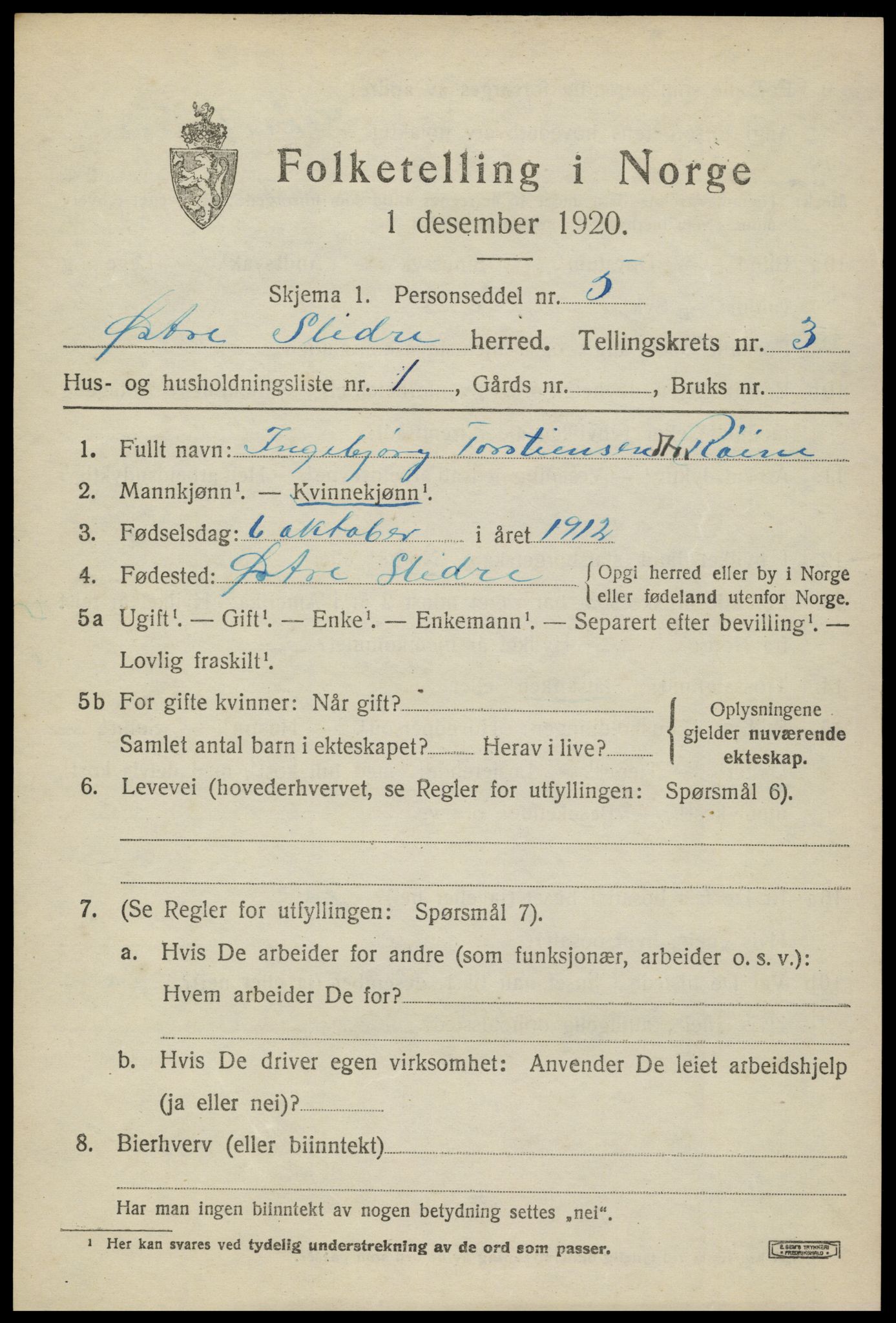 SAH, 1920 census for Øystre Slidre, 1920, p. 2181