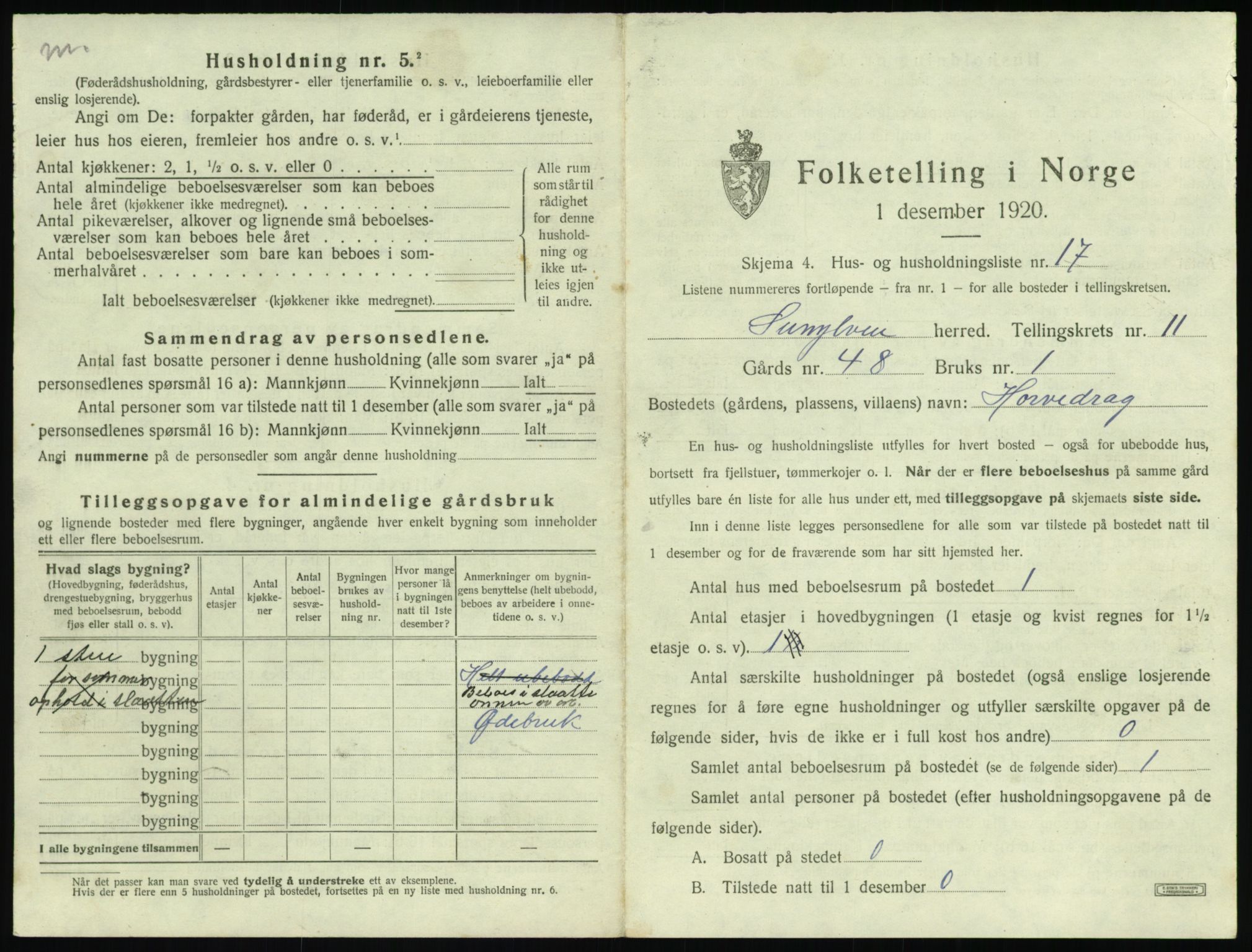 SAT, 1920 census for Sunnylven, 1920, p. 490