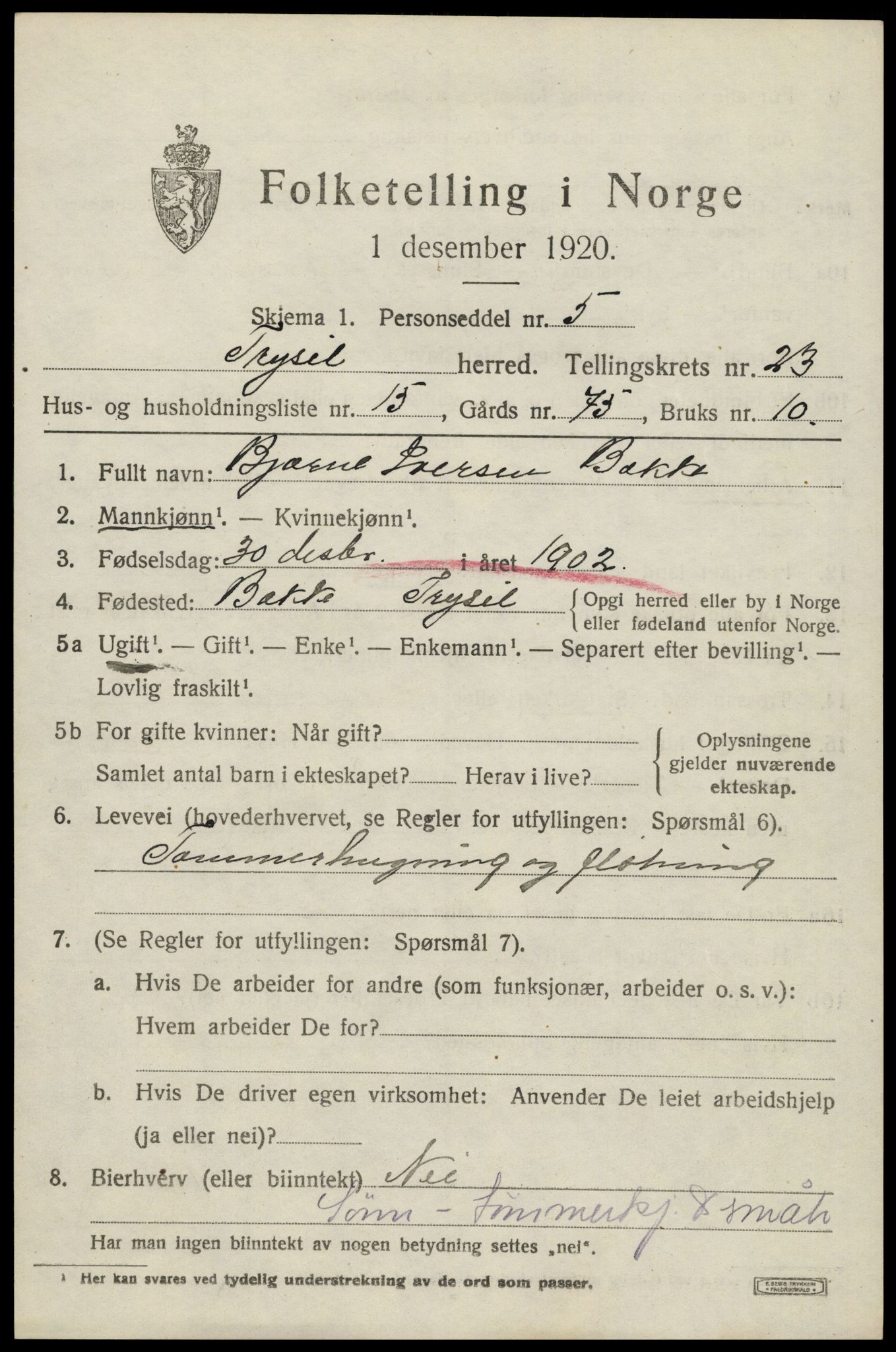 SAH, 1920 census for Trysil, 1920, p. 15013