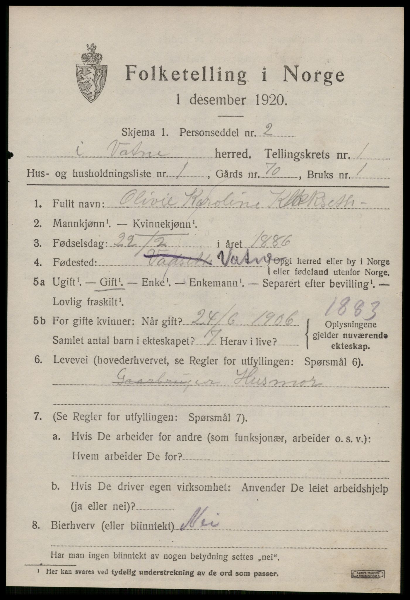 SAT, 1920 census for Vatne, 1920, p. 578