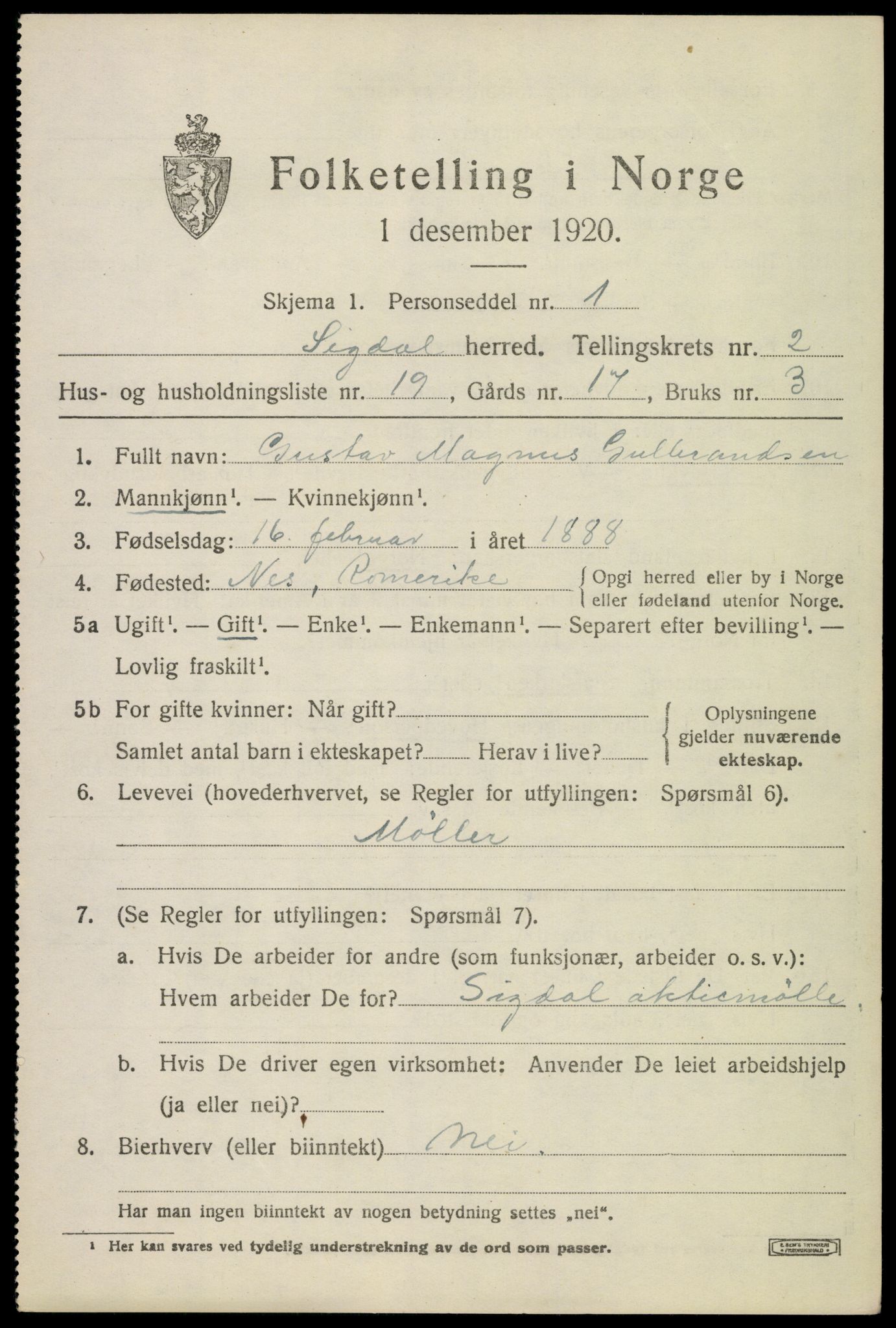 SAKO, 1920 census for Sigdal, 1920, p. 2226