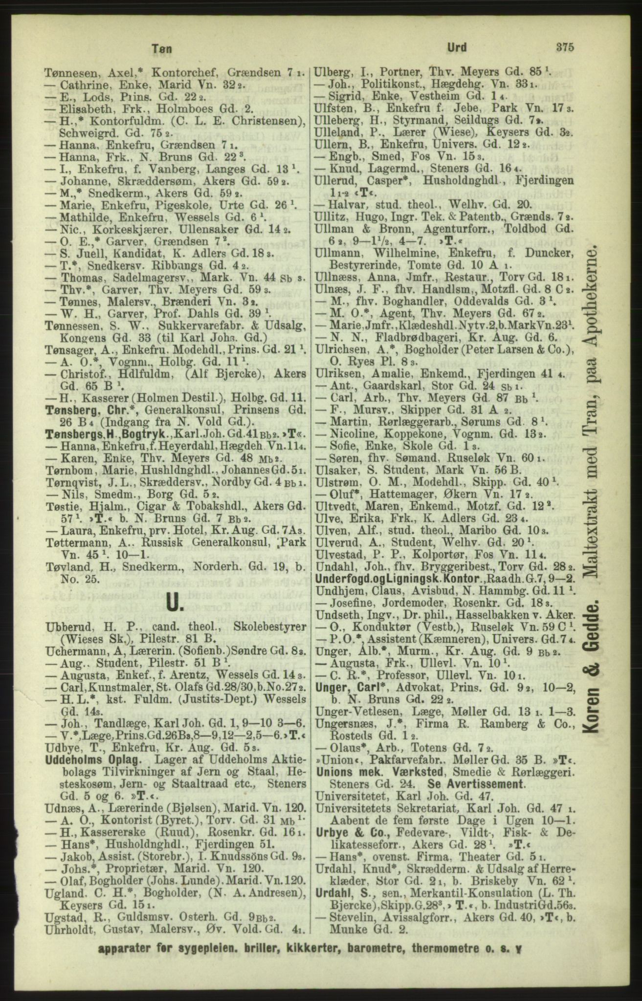 Kristiania/Oslo adressebok, PUBL/-, 1886, p. 375