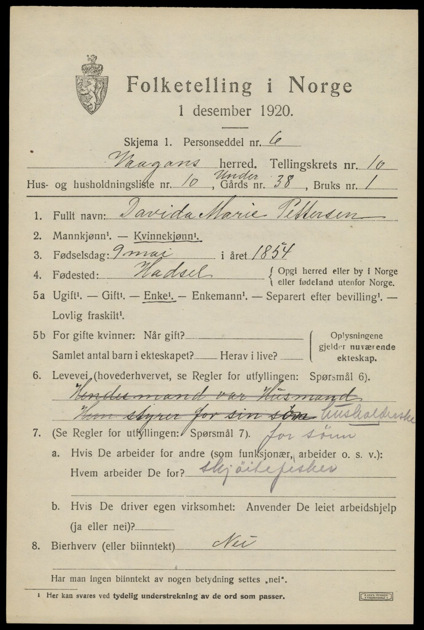 SAT, 1920 census for Vågan, 1920, p. 8987