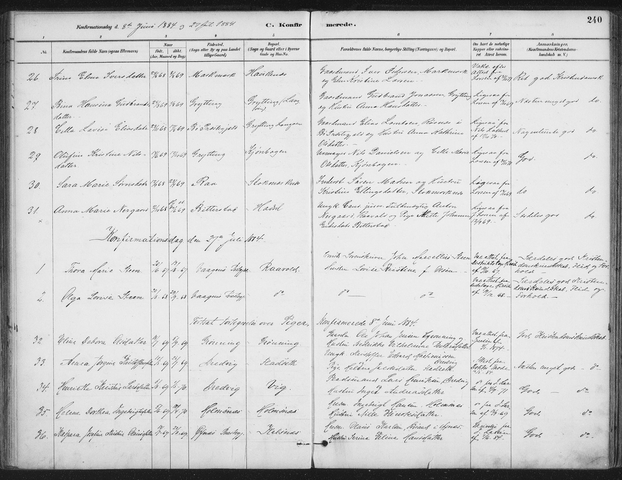 Ministerialprotokoller, klokkerbøker og fødselsregistre - Nordland, AV/SAT-A-1459/888/L1244: Parish register (official) no. 888A10, 1880-1890, p. 240