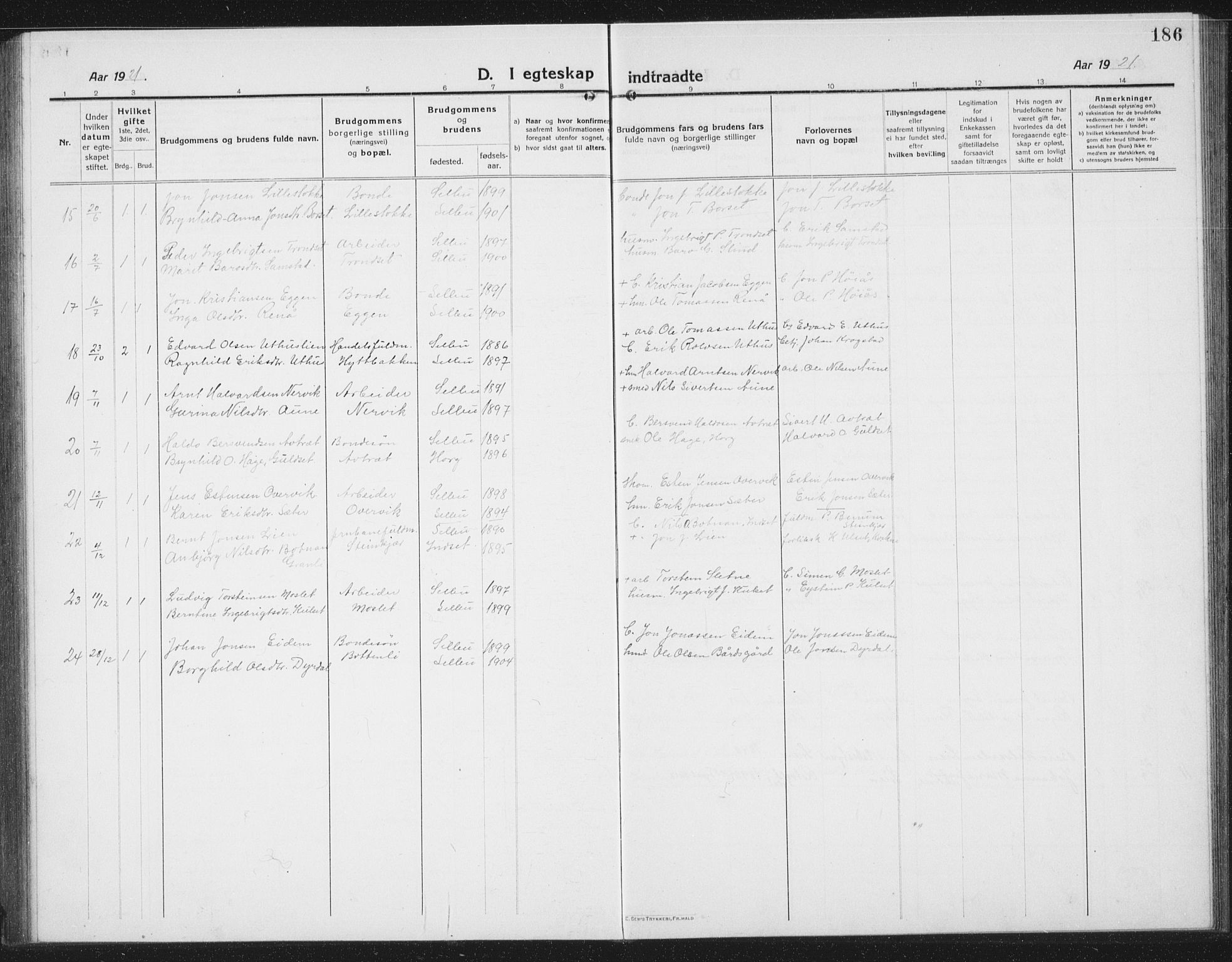 Ministerialprotokoller, klokkerbøker og fødselsregistre - Sør-Trøndelag, SAT/A-1456/695/L1158: Parish register (copy) no. 695C09, 1913-1940, p. 186