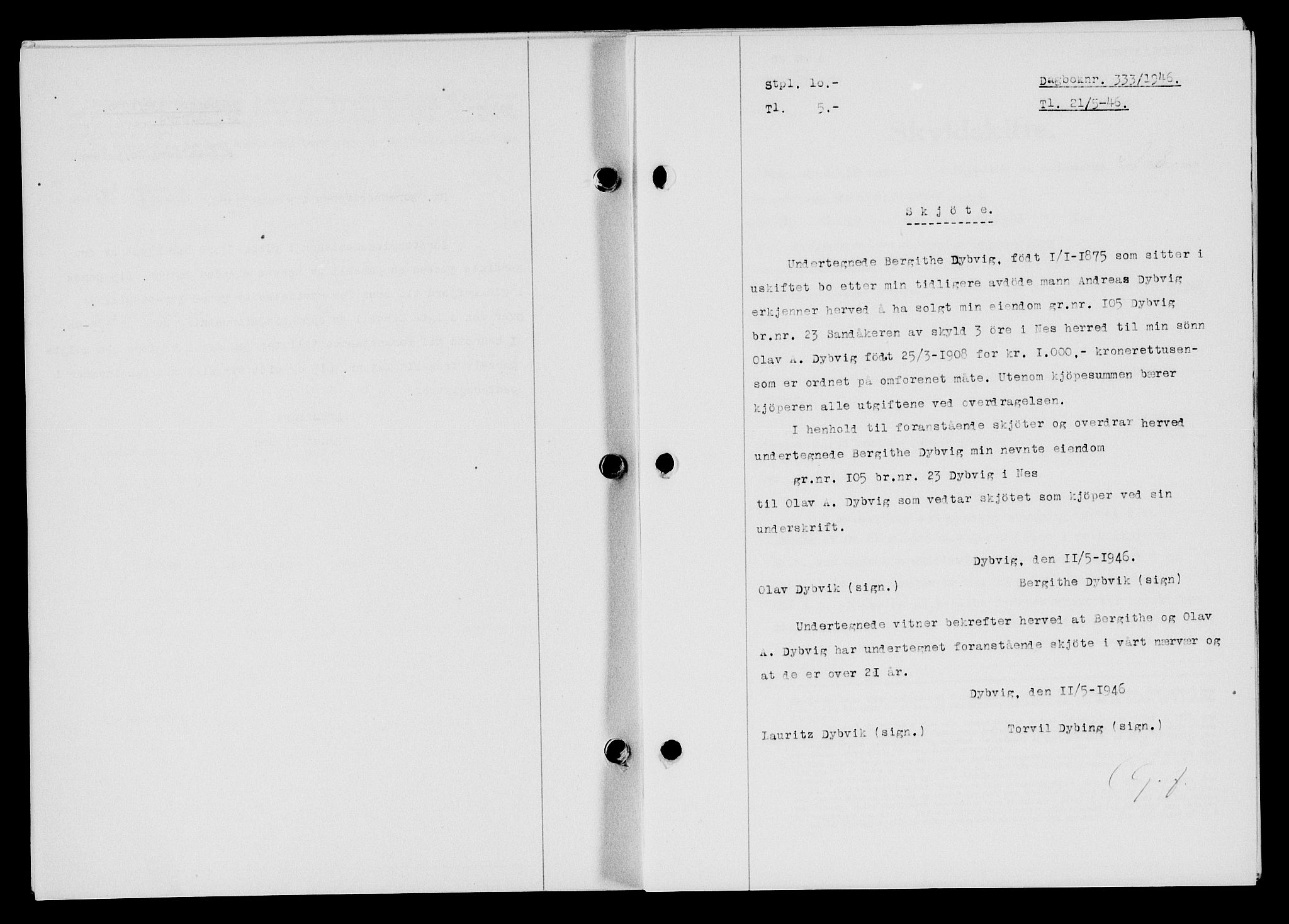 Flekkefjord sorenskriveri, AV/SAK-1221-0001/G/Gb/Gba/L0060: Mortgage book no. A-8, 1945-1946, Diary no: : 333/1946