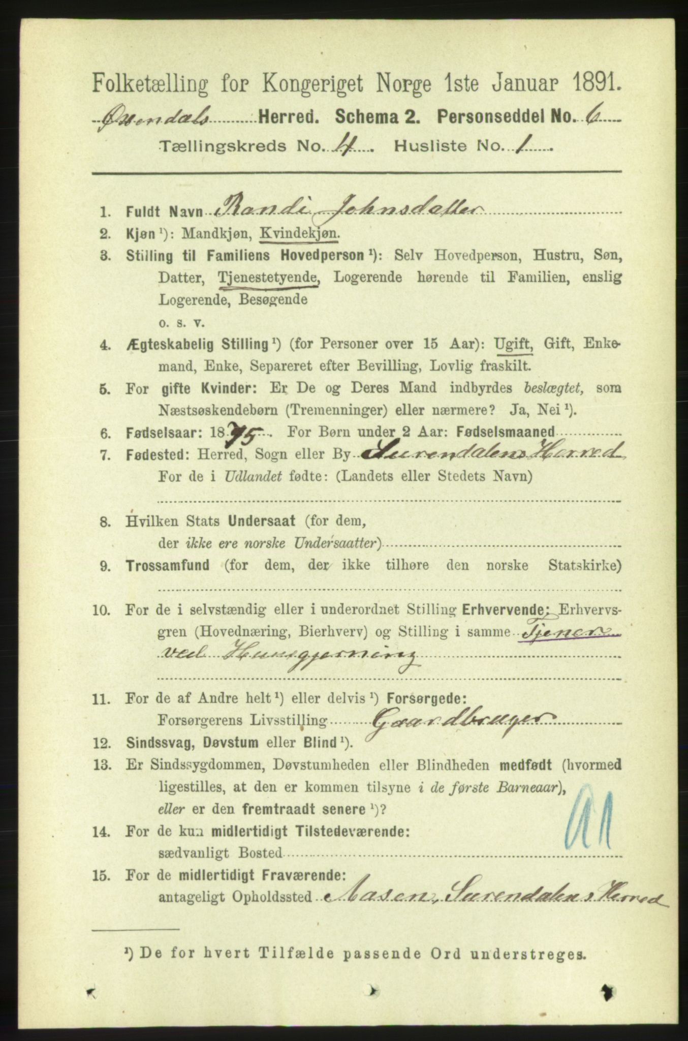 RA, 1891 census for 1561 Øksendal, 1891, p. 845